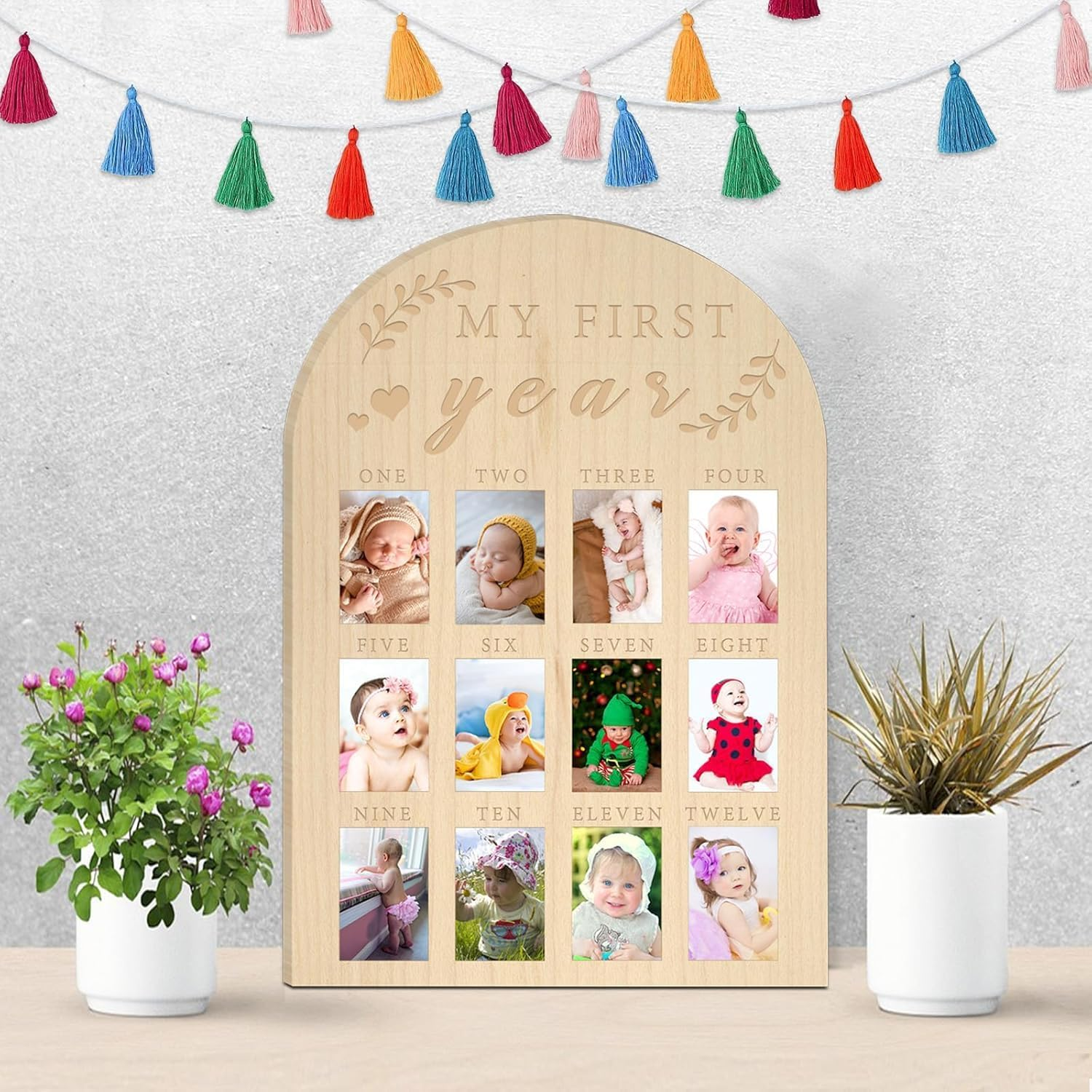My First Year Photo Display Wood Board Baby'S First Year Photo Frame Milestone Board 12 Months Baby Picture Frame 1St Birthday Nursery Decorations for Boy Girl Baby Keepsake for Mom image number 2