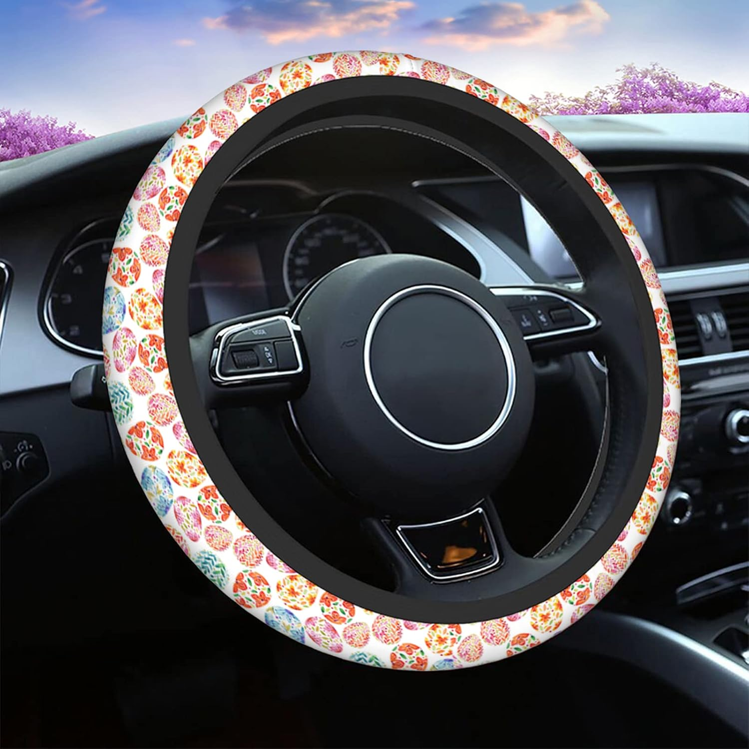 Swono Cow Skin Universal Neoprene Steering Wheel Cover Australian Cow Skin Brown 15 Inch Steering Wheel Covers, Printed Steering Wheel Elastic Protection for Women and Girls