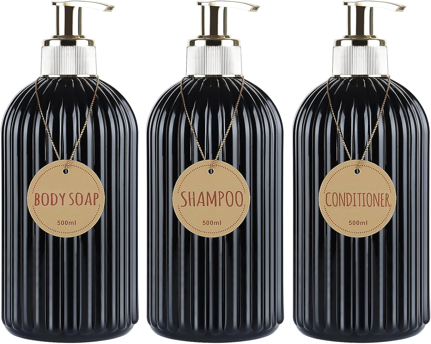 DEROANBOTT Bathroom Shampoo and Conditioner Dispenser, Reusable Plastic Bottles for Shampoo and Shower Gel, with Waterproof Labels, Soap Dispenser with Pump (Black)