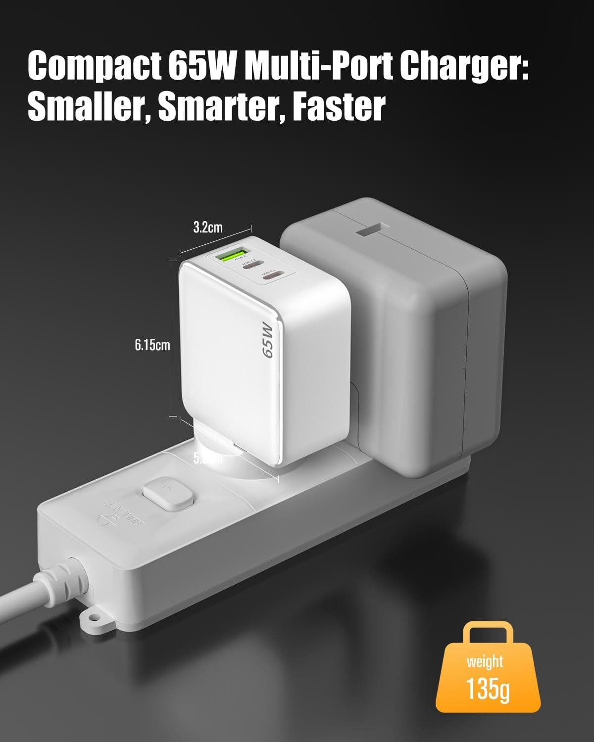 SCHITEC USB C Charger 65W Gan 3 Ports Fast Charging Block, PD3.0 Compact Power Adapter with 1M USB-C Cable for Macbook Pro/Air, Dell XPS, Iphone 16/15/14, Ipad, Galaxy S25, Pixel 9/8（White image number 3