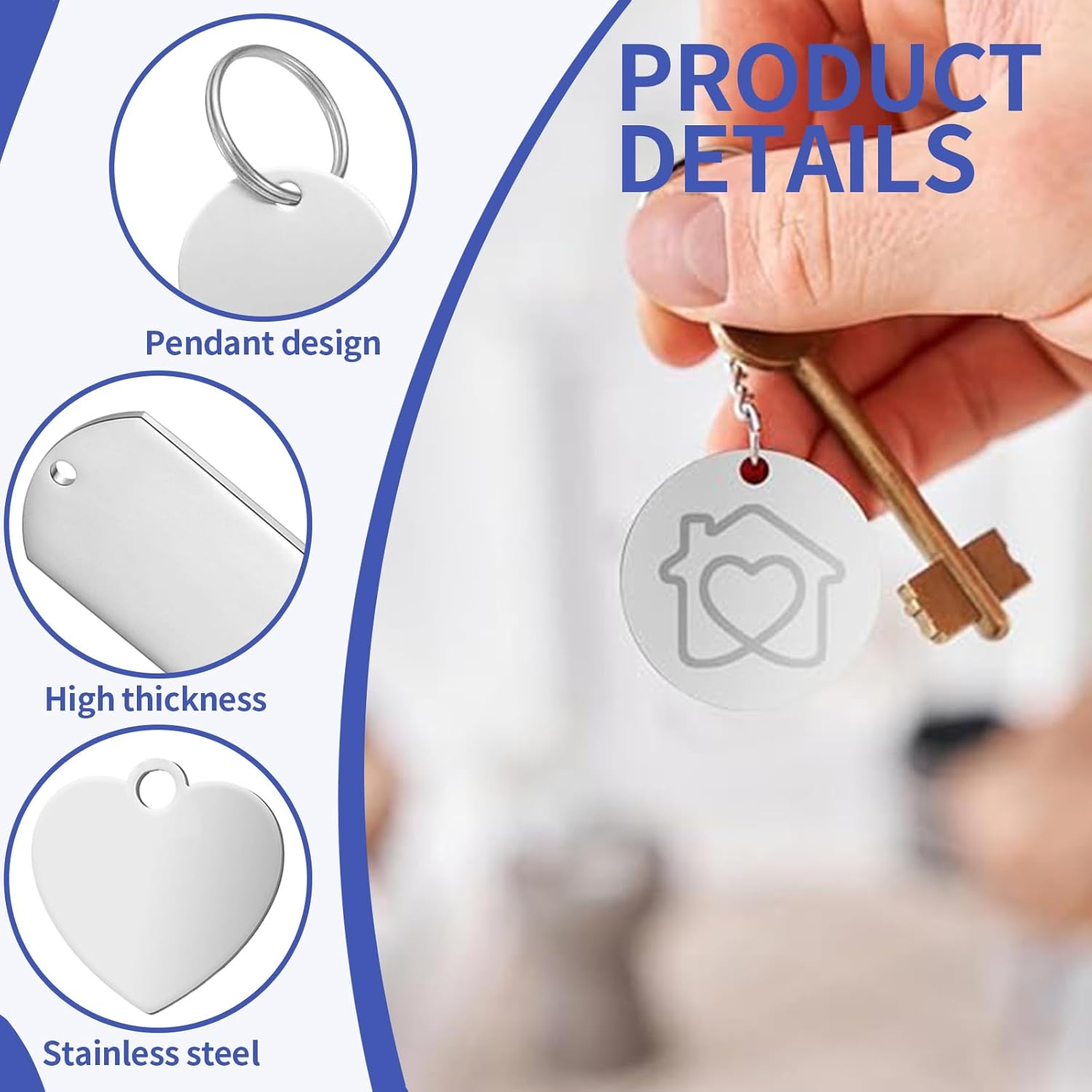 YUDAWN Pack of 24 Stainless Steel Blank Pendants, Key Ring Blanks Dog Tags, Dog Tags, Punching Blanks for Round, Rectangular, Heart-Shaped Charms, Necklace, Bracelets, DIY Making Kit image number 6