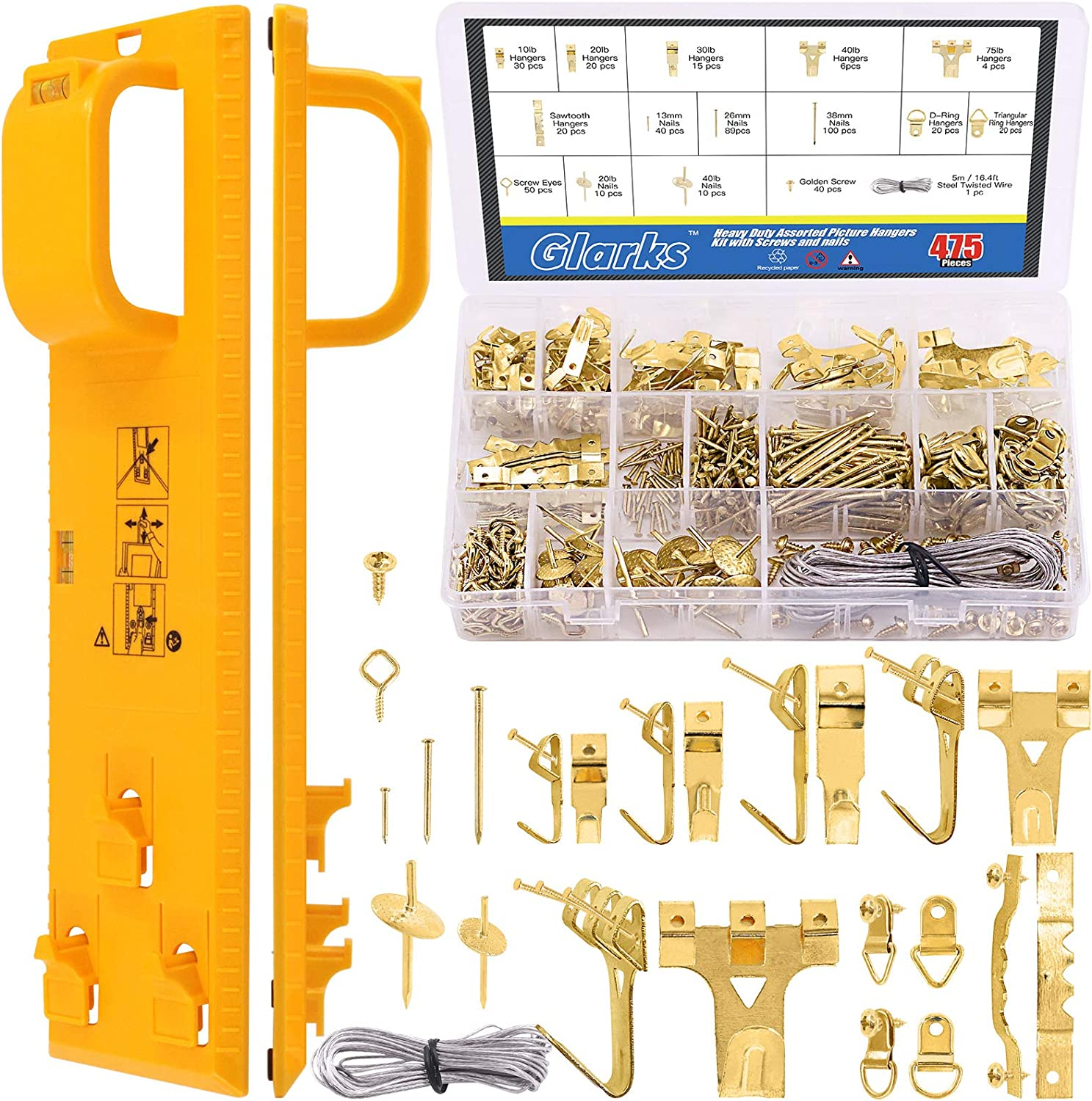 Glarks 307Pcs Picture Hanging Kit, Picture Frame Hanger Tool with Level Ruler and 306Pcs Nails, Hooks, Hanging Wire, Screw Eyes, D Ring and Sawtooth Hanger for Frame Hanging Wall Mounting image number 3