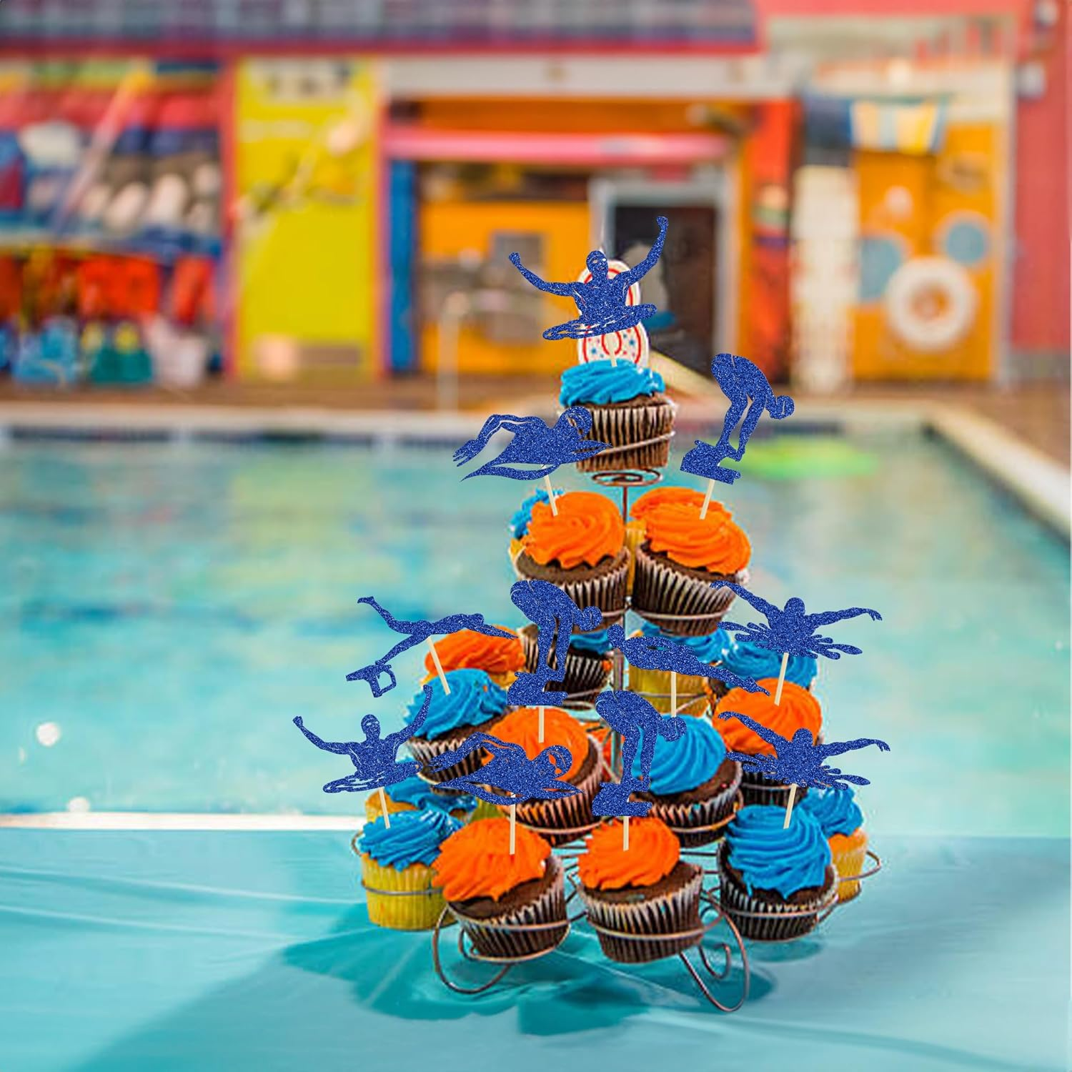 Ephlyn 24Pcsswim Cupcake Toppers Summer Swimming Cupcake Toppers Picks Black Swimming Cake Topper for Swim Party Birthday Baby Shower Kids Birthday Party Cake Decorations Supplies Blue image number 6