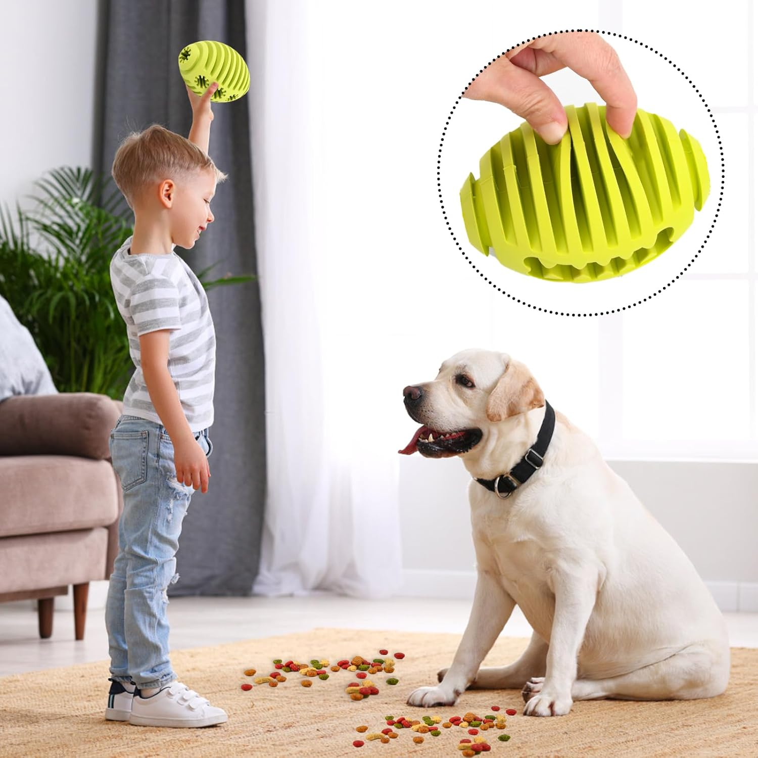 Food Toy Dog Food Ball, Snack Ball, Treat Ball, Dog Toy Intelligence Fillable Made of Natural Rubber, with Dental Dental Care for Pets, Dogs, IQ Training Ball, Green Rugby image number 5