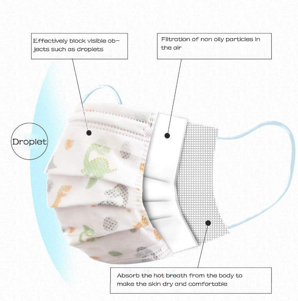 10/20/30/40/50/100 Pcs Earloop Disposable Cover for Kids,Oral Protection 3-Ply Filter Dustproof Waterproof Cover Dinosaur Print Children Face_Masks (50PCS, White) image number 1