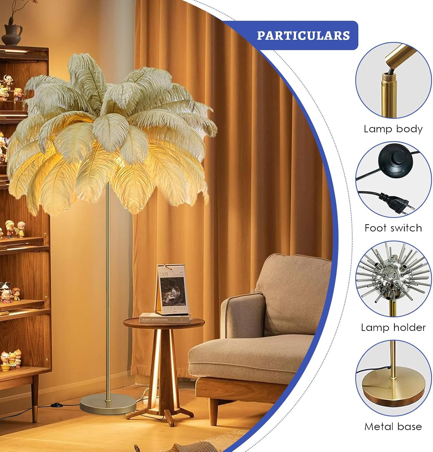 Anram Ostrich Feather Floor Lamp,Feather Standing Lamp Dimmable G4-LED Bulb Golden Lamp Body for Living Room Bedroom 160Cm Tall Reading Light - Gray image number 4