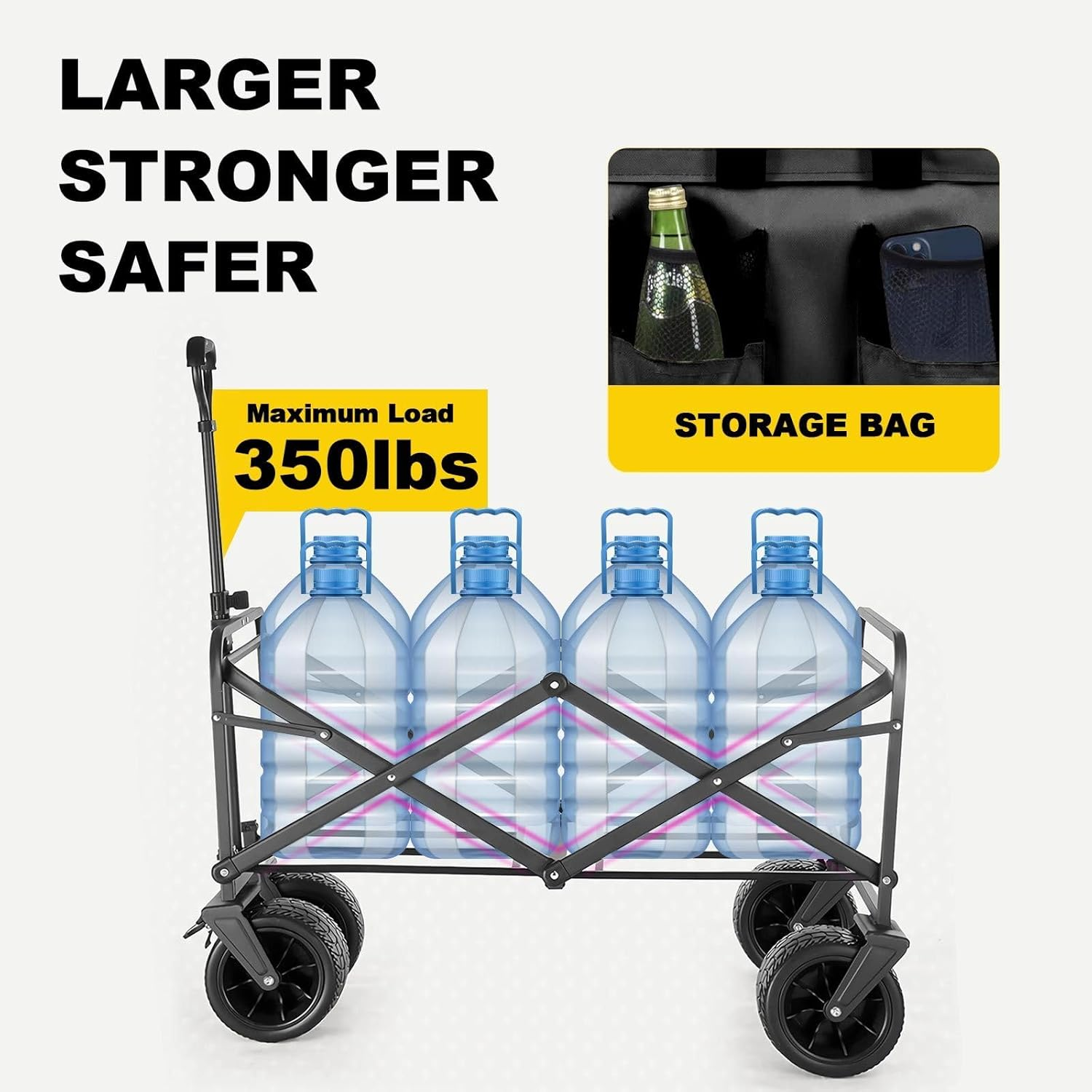 Folding Wagon Cart Collapsible Wagon with All-Terrain Wheels for Beach Picnic Garden Utility Trolley Trailer Barrow Market Grocery Shopping Sports Outdoor Camping Luggage Collapsible 150Kg - 95 X 54 X 71-100 Cm Be image number 6