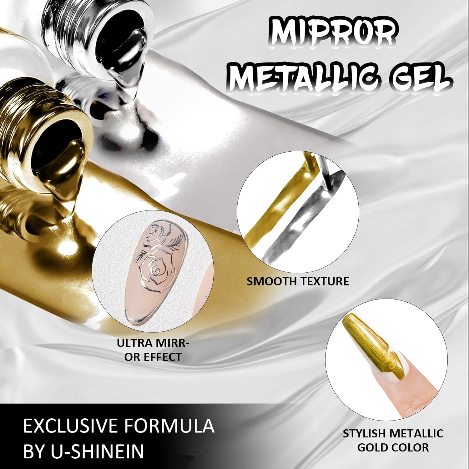 U-Shinein Metallic Mirror Painting Gel Nail Polish, Ultra Mirror Silver & Gold Metal Painted Drawing Gel with Build in Thin Brush, Chrome Gel Polish Nail Art Gel Liner Soak off DIY Nail Art 2X12 Ml - Mirror Silver + Rose Pink image number 4