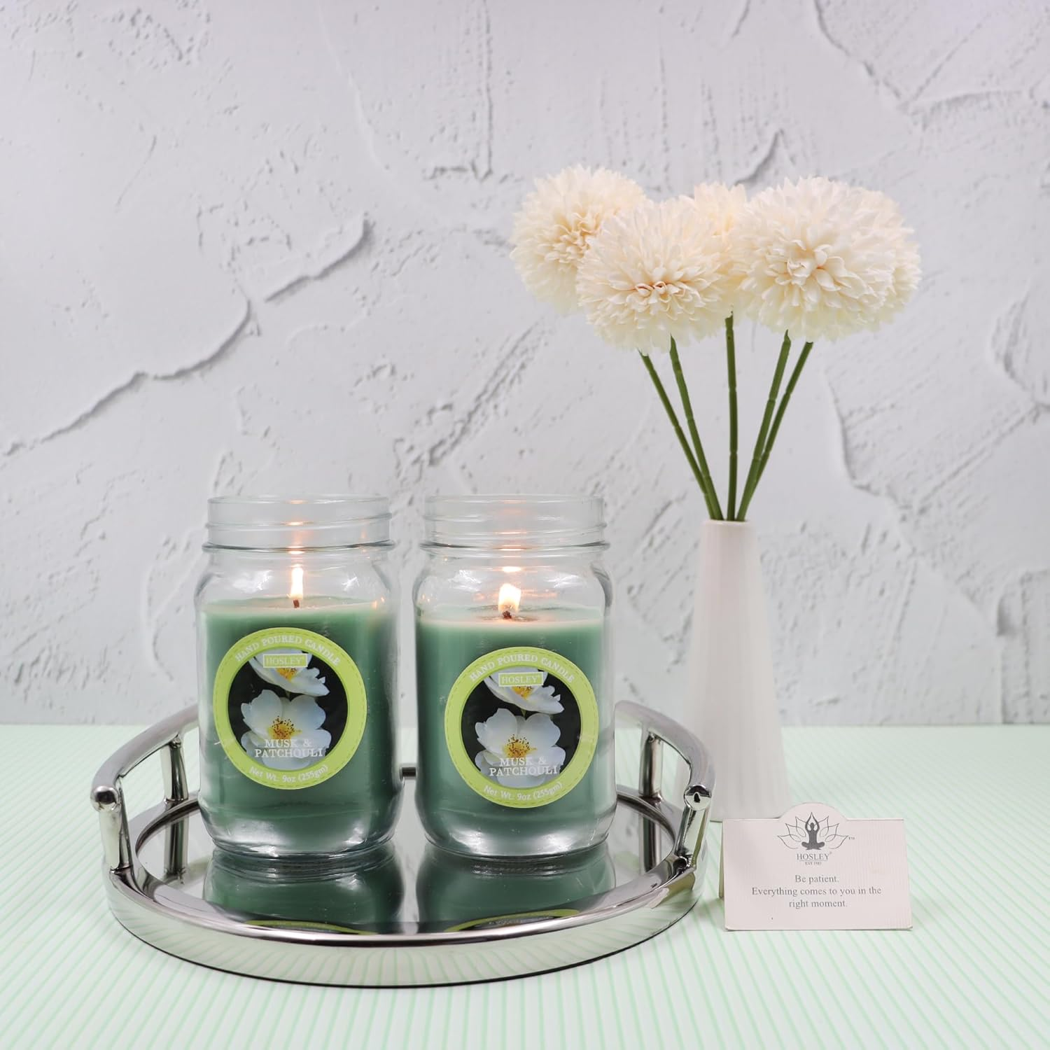 Hosley&reg; 9Oz Musk & Patchouli Scented Classic Clear Fragrance Jar Candle Large Jar Single Wick Candle, over 55 Hours of Burn Time (Pack of 2)