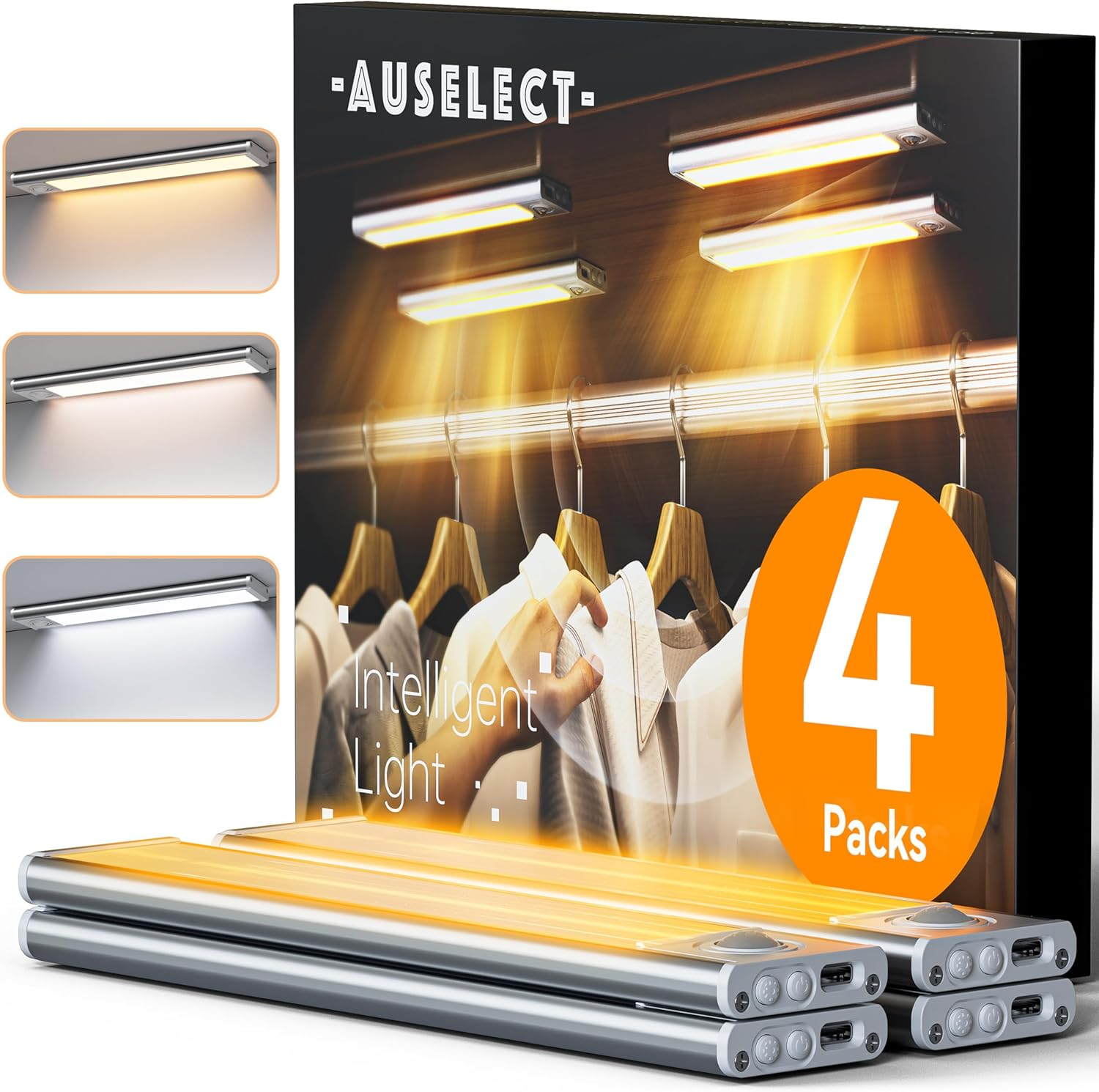 AUSELECT under Cabinet Lighting, 4-Pack Motion Sensor Closet Lights, Wireless USB Rechargeable Led Light Bars, Sensor Night Lights for Drawers, Wardrobe, Stair, Kitchen image number 1