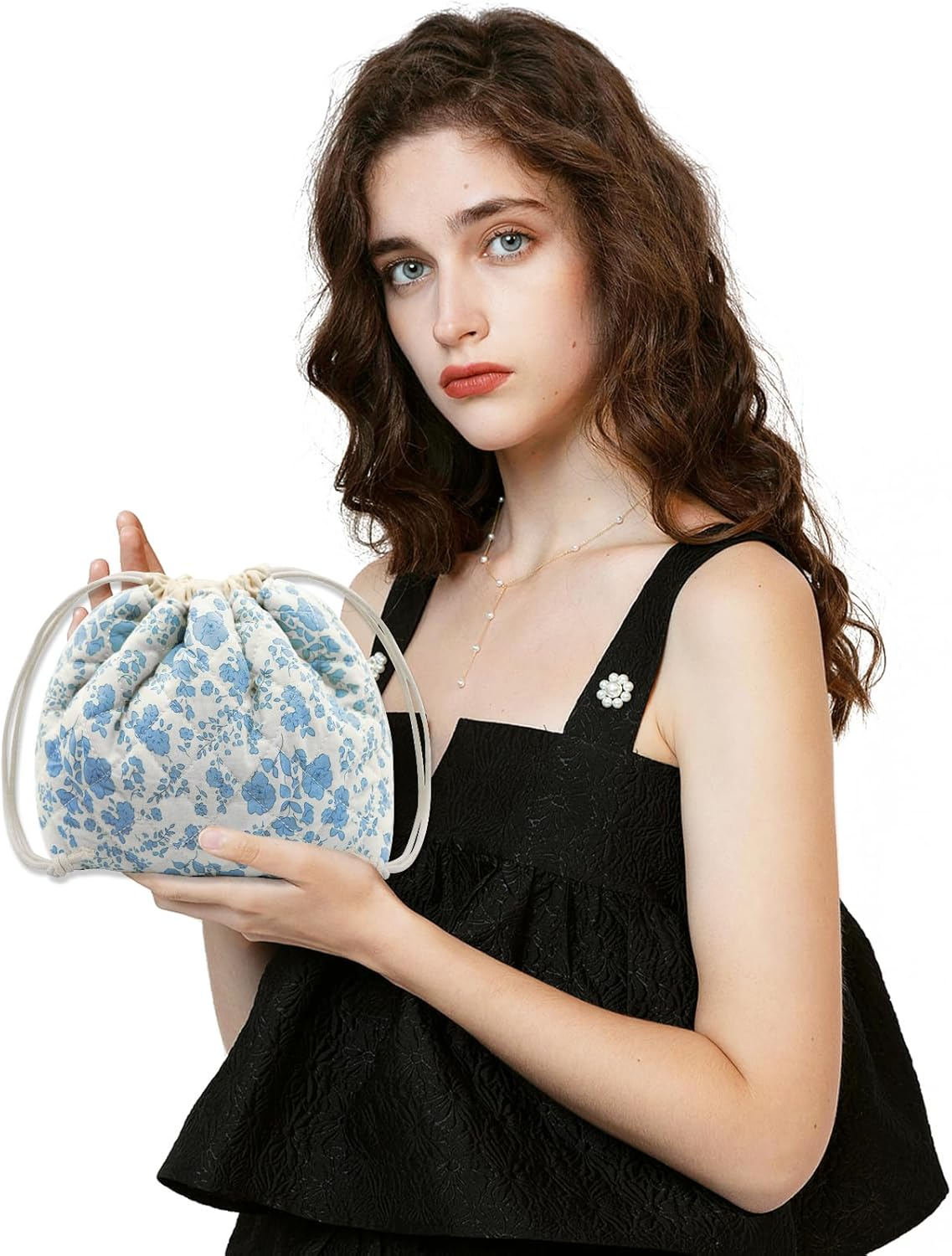 LJCZKA Makeup Bag with Drawstring, Small Quilted Cosmetic Bag, Cute Organiser, Cotton Toiletry Bag, Aesthetic Portable Travel Toiletry Bag for Women and Girls, Blue Flowers, Cute image number 5