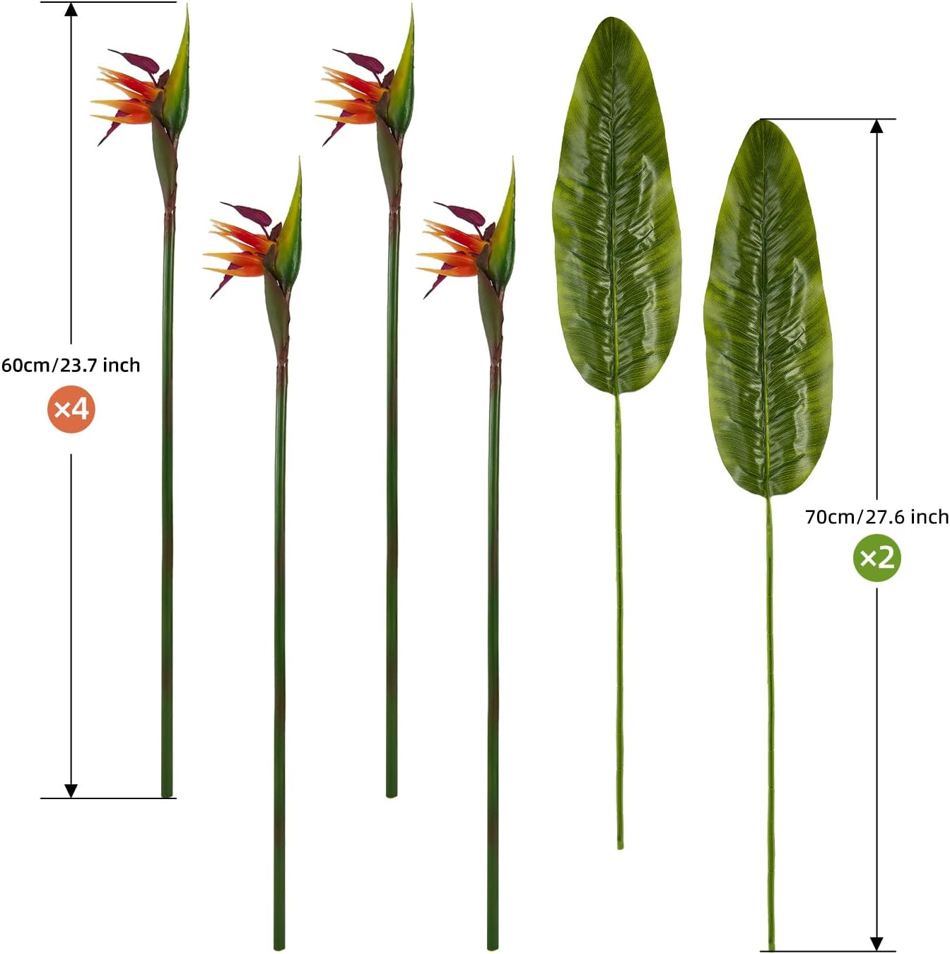 Artificial Bird of Paradise Flowers Real Touch 24'In Long Stem Flower 4 Pcs, with Bird of Paradise Leaves 28'In Long Stem Greenery Plants 2 Pcs,For Home Garden Wedding Party Decor (Orange 6 Stems) image number 5