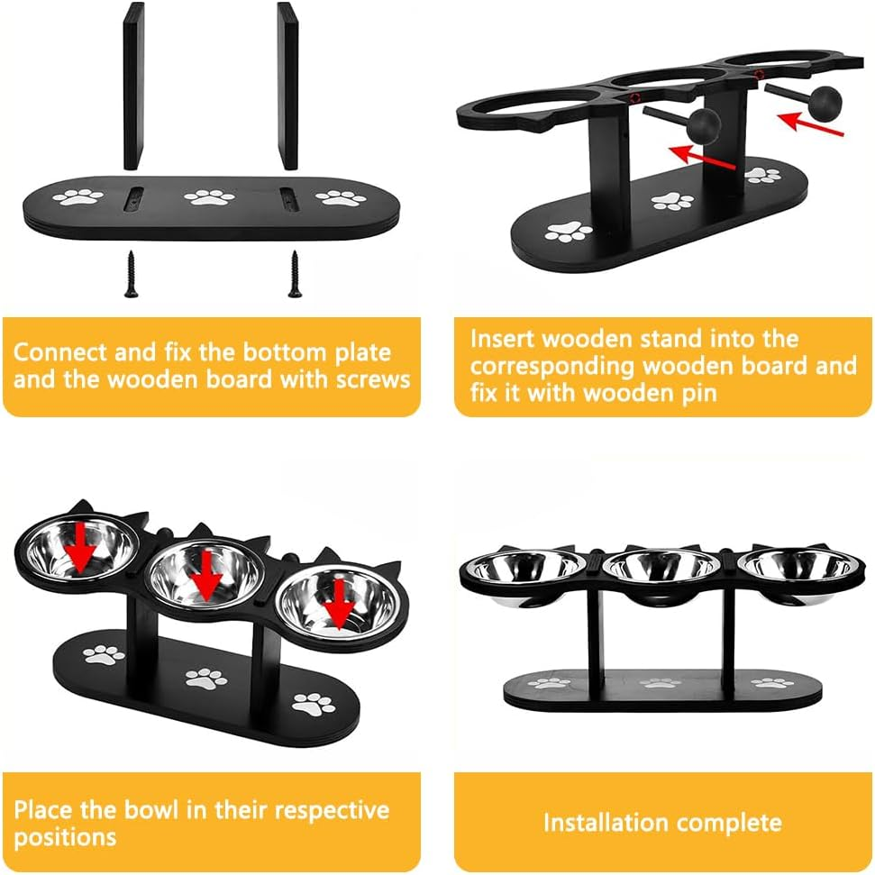 Cat Bowls Elevated, Raised Cat Food Bowls, Adjustable Heights Cat Food and Water Bowl with Black Shelf, 3 Stainless Steel Cat Dishes for Food and Water image number 4