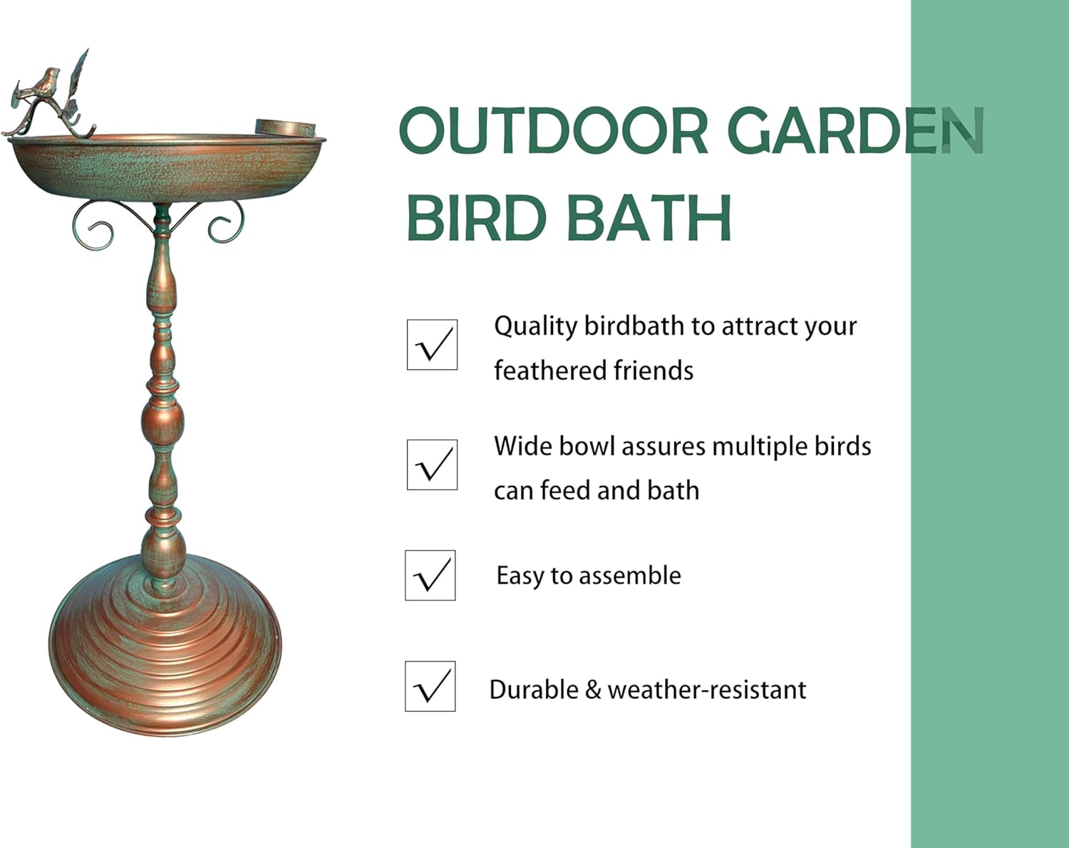 Bird Baths for Outdoors 13&rdquo;W Large Metal Bird Feeder Bowl with Hummingbird Pattern Birdbath and Feeder Freestanding Birdbaths for Garden,Yard Decor(28.7 Inch Tall) (Green-Hummingbird)
