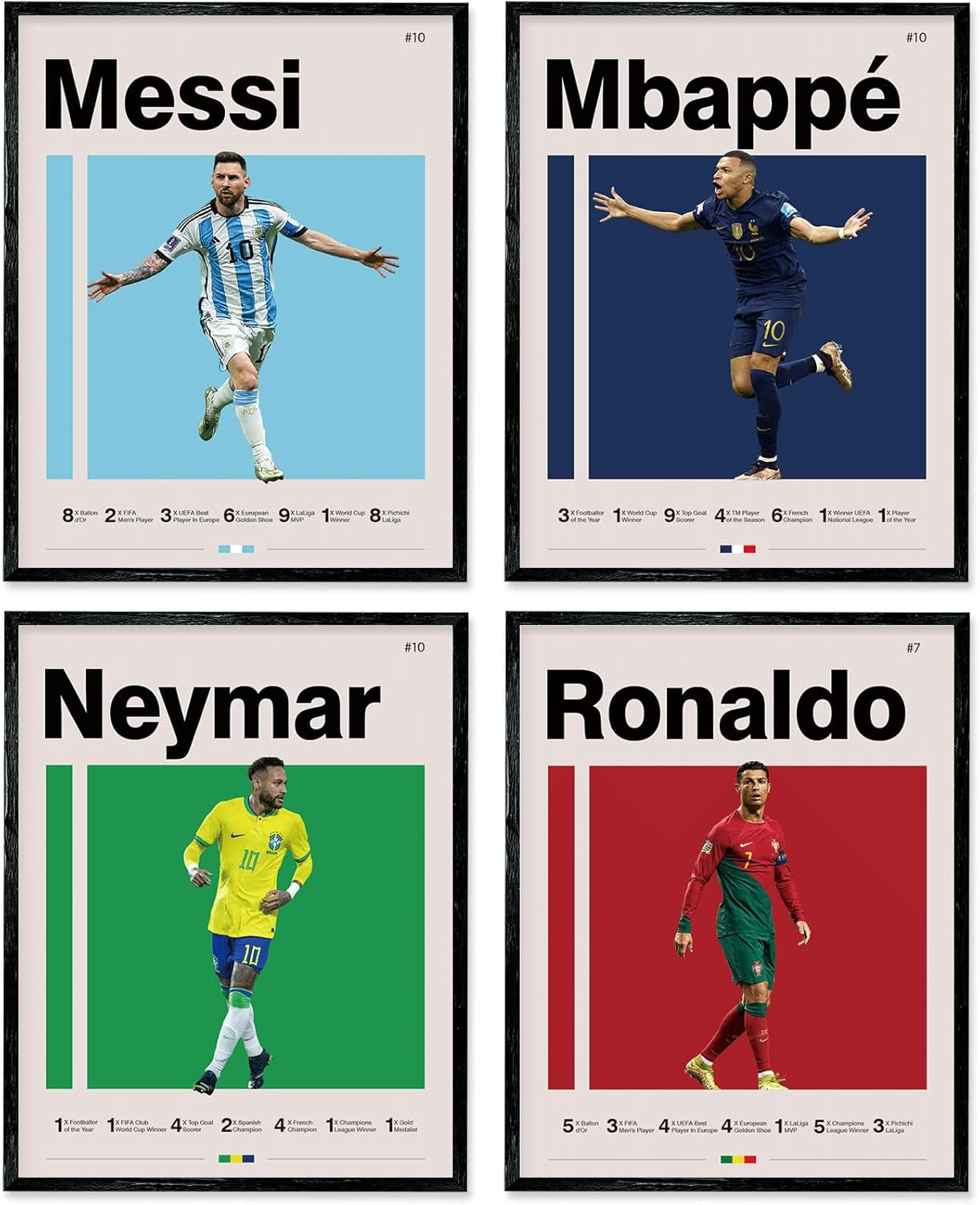 A ART&middot;ZONE Soccer Posters 8X10 Inch Canvas Prints Unframed Set of 4 - Messi, Ronaldo, Mbape and Neymar Famous Football Superstar Poster Sports Decor for Boys Bedroom Wall Art