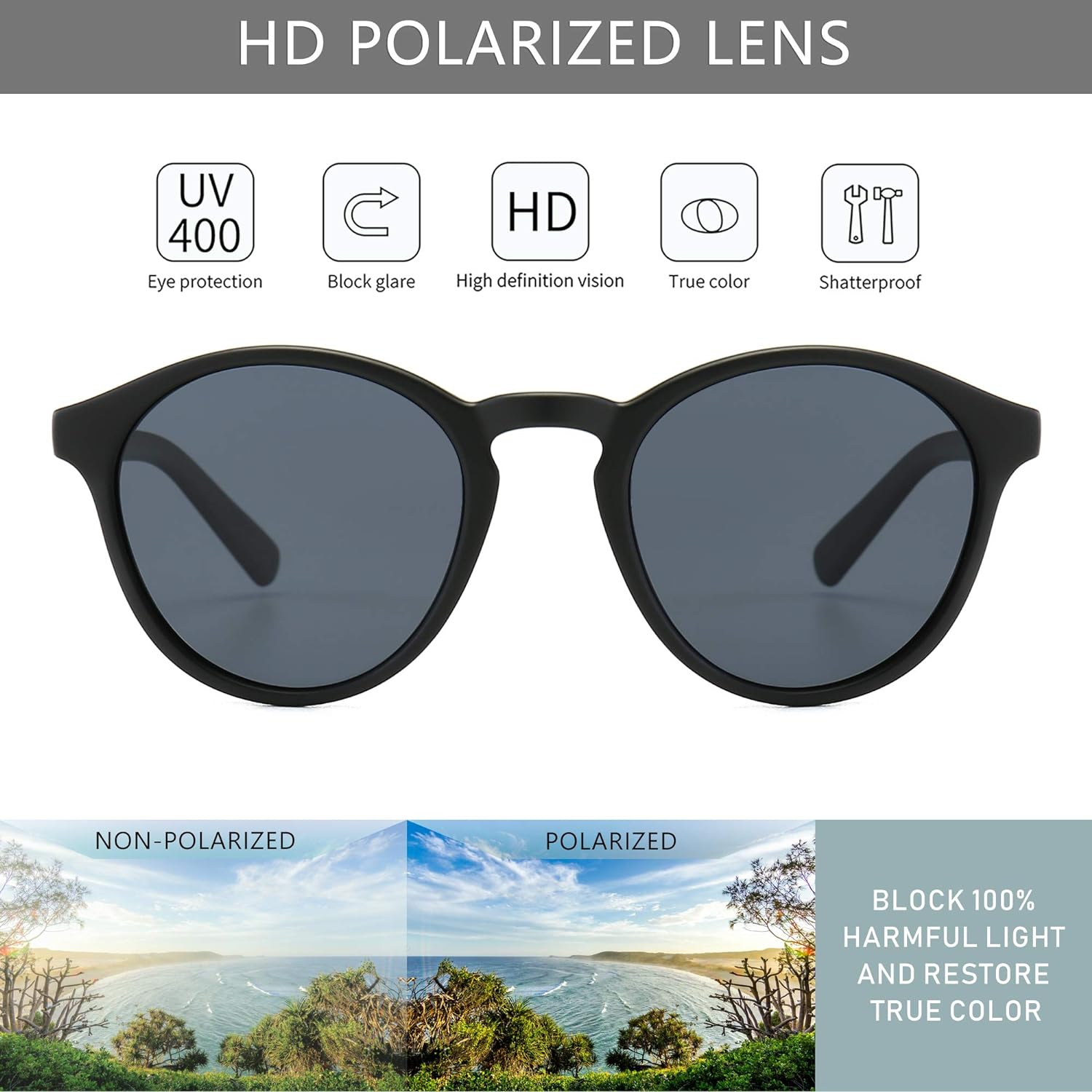 SUNGAIT Classic Vintage round Polarized Sunglasses for Women Men Retro Style UV400 - 01 Amber Frame(Matte Finish)/Green Lens image number 4