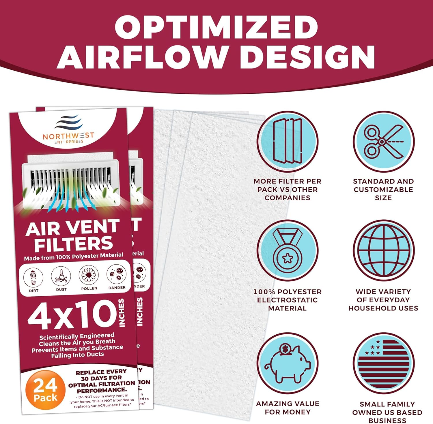 NORTHWEST ENTERPRISES Vent Filters, 24 Floor Vent Register Filters - 4"X10", 90 Day Filtration. image number 3