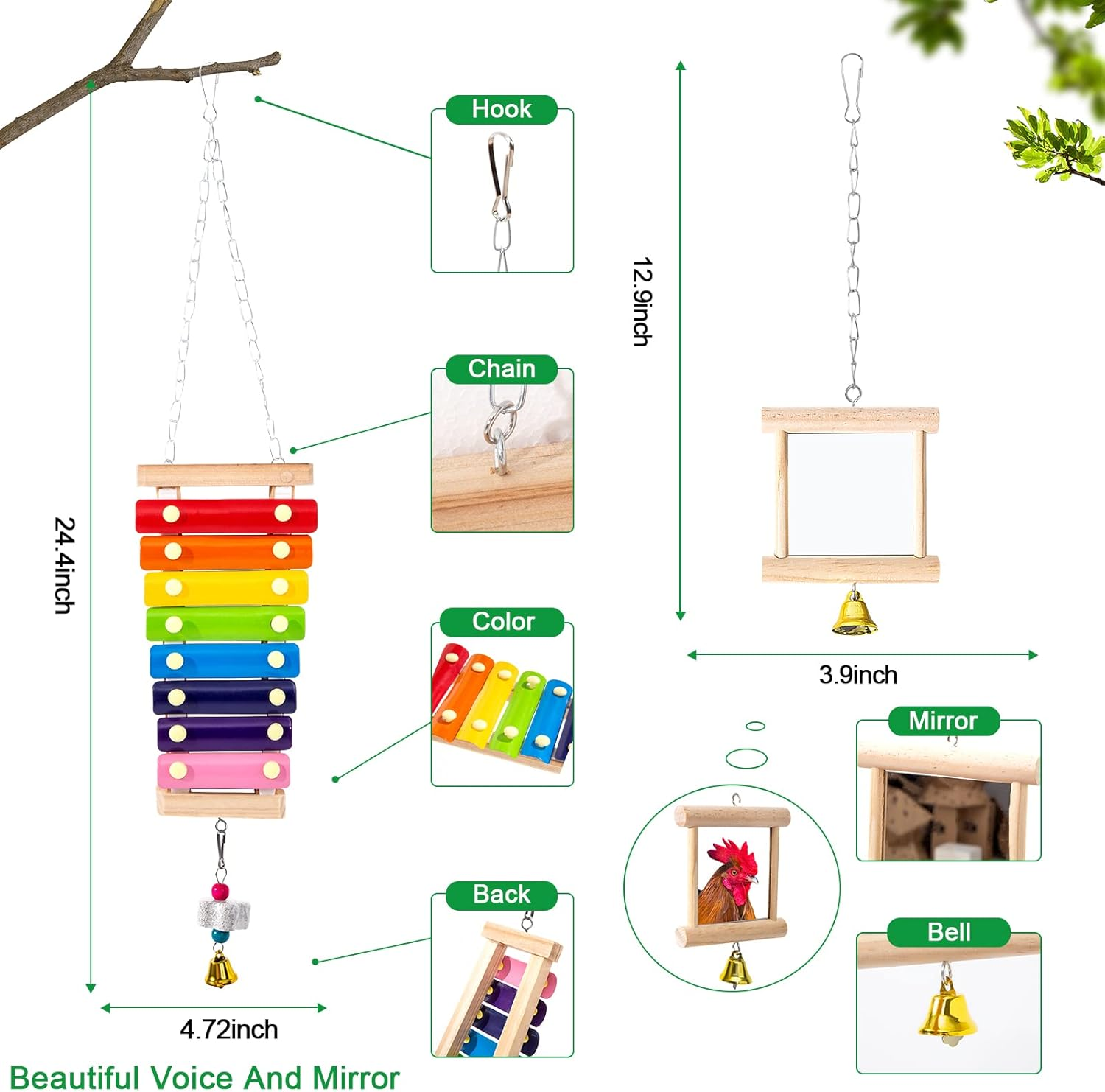 9Pcs Chicken Toys for Coop Accessories - Chicken Xylophone Toy, Chicken Mirror, Chicken Ladder Bridge, Coop Swing, Vegetable Hanging Chicken Feeder, Chewing Foraging Toys, Gifts for Hens image number 2