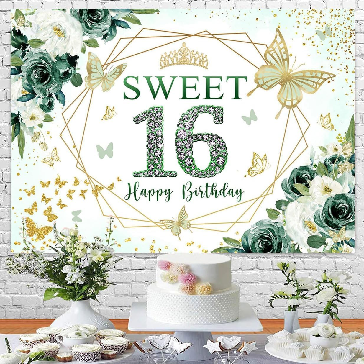 Inmemory Sweet 16 Birthday Backdrop Floral Green Roses Glitter Gold Butterfly Princess Girls Sixteen 16Th Birthday Theme Party Decoration Banner Bday Cake Table Background 7X5Ft image number 5