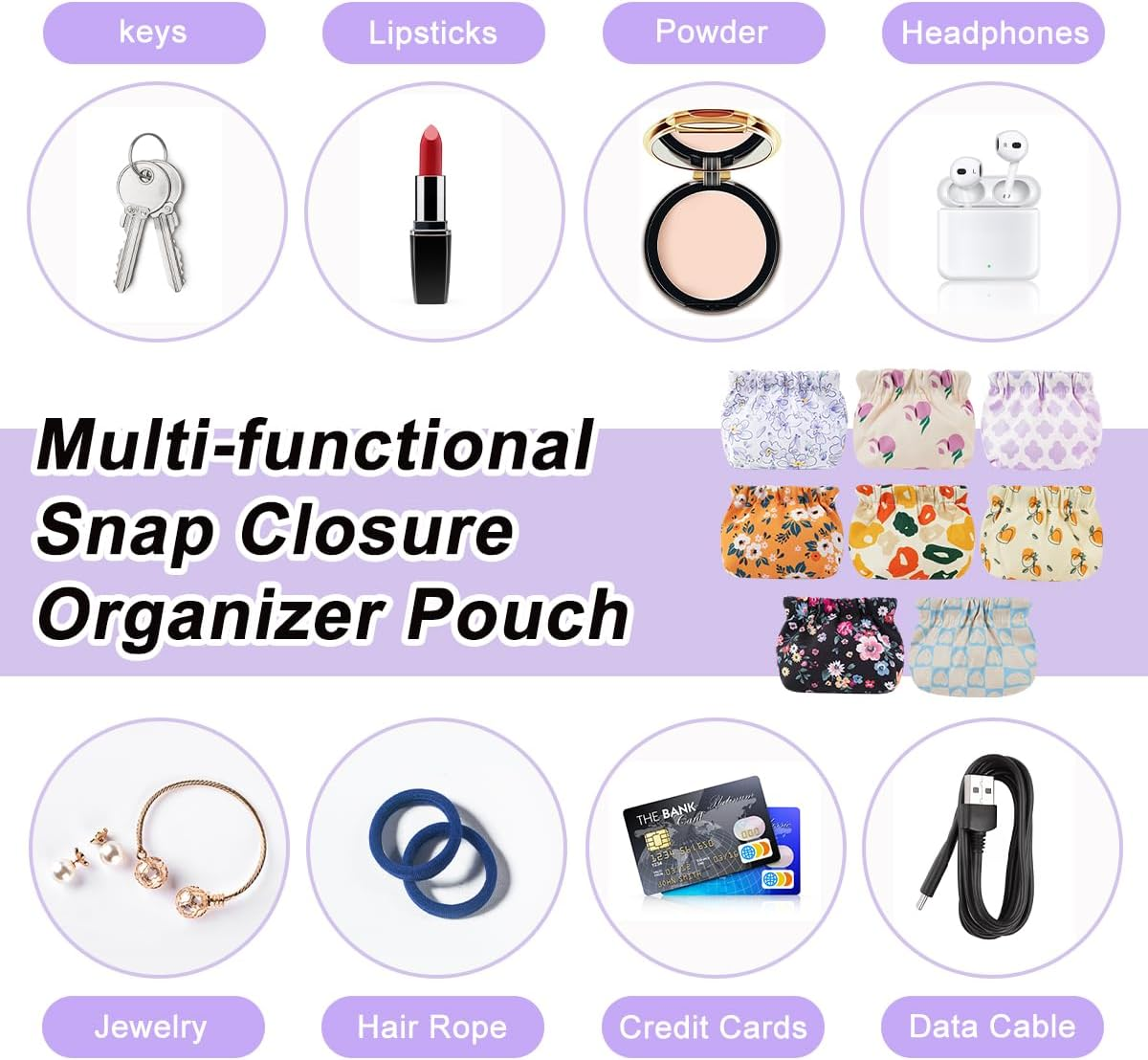 8 Pcs Mini Makeup Bag for Purse, Small Cosmetic Bag for Women, No Zipper Self-Closing Travel Bag, Snap Closure Organizer Pouch, Waterproof Portable Coin Purse Storage for Cosmetics Headphones Jewelry image number 2