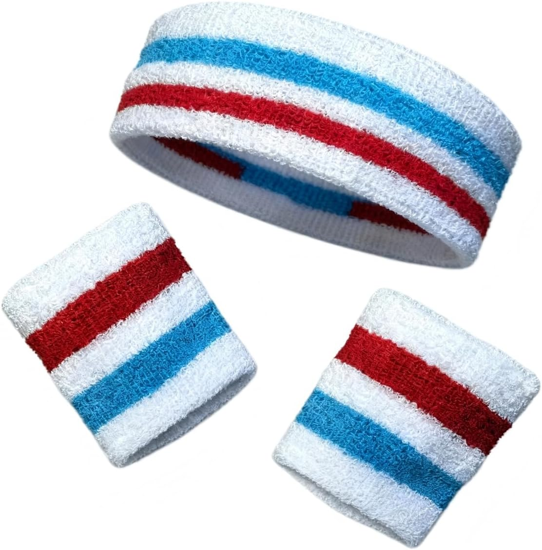 Pack of 3 Pieces(1 Headband + 2 Wristbands) Striped Sweatband Set | Sports Sweat Bands for Men, Women & Kids | Moisture-Wicking for Basketball, Tennis, Gym, Running Fitness Accessories image number 3