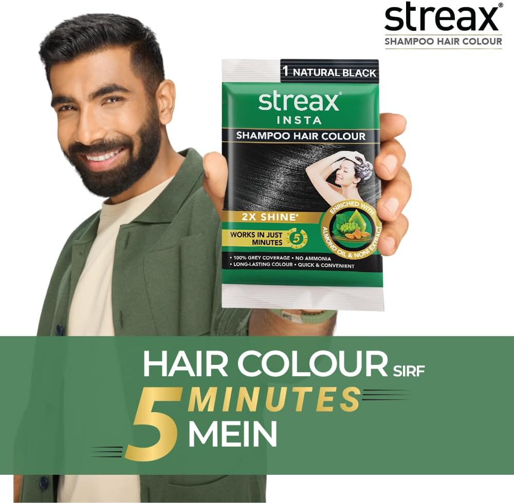 Streax Insta Shampoo Hair Colour for Women and Men, Natural Black - Pack of 5 | 100% Grey Coverage in 5 Minutes | Long Lasting, Easy to Use image number 1