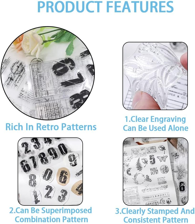 4 Themes 34Pcs Clear Stamps, Retro Rubber Clear Stamp, Transparent Silicone Clear Stamps Seal for DIY Scrapbooking Card Making Decoration, Style A image number 1