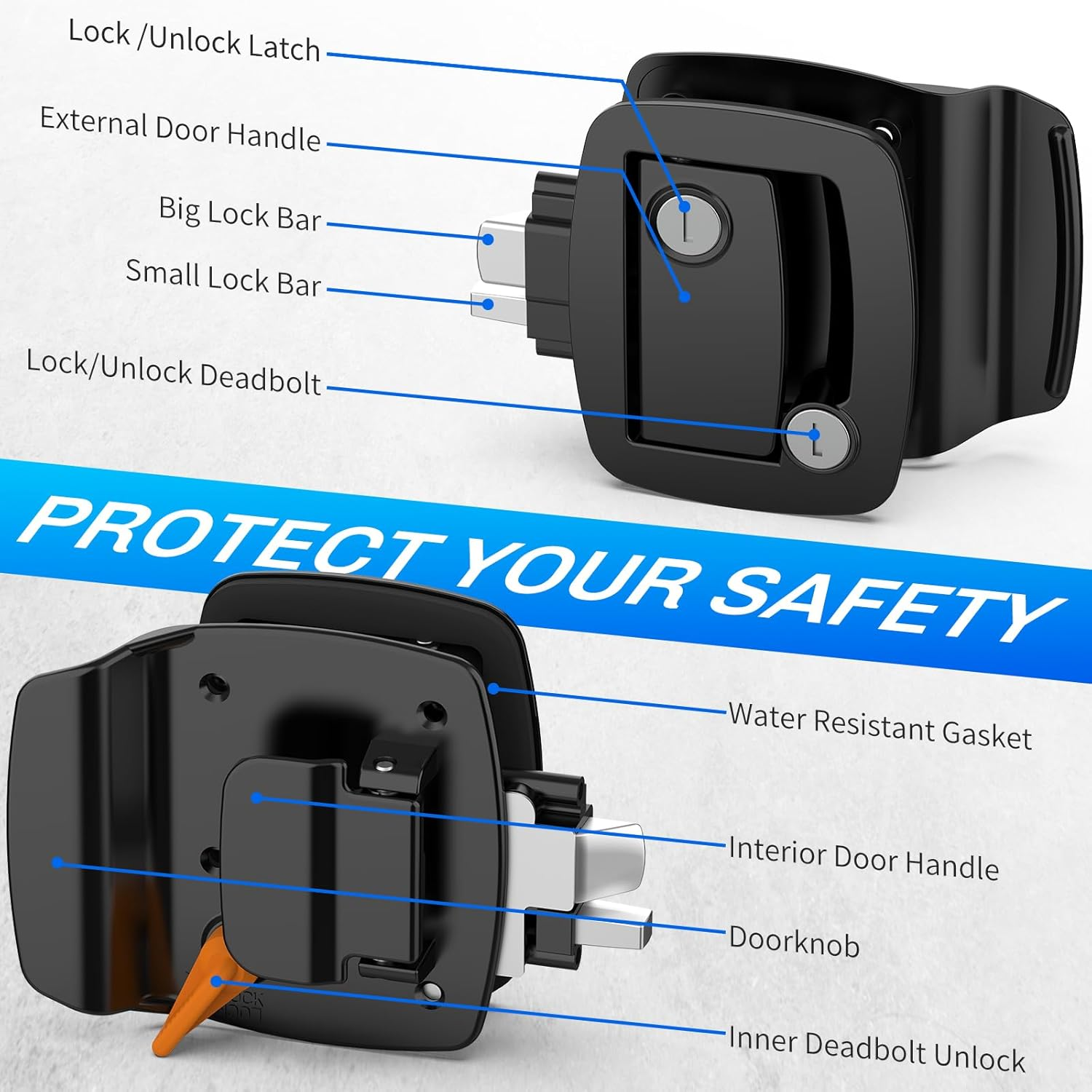 RV Door Lock Replacement, Aluminum Alloy Upgraded Lighter RV Door Latch with Paddle Deadbolt & 4 Keys, 100% Metal Camper Door Locks, RV Entry Door Lock for Travel Trailers Cargo Hauler, Black image number 4