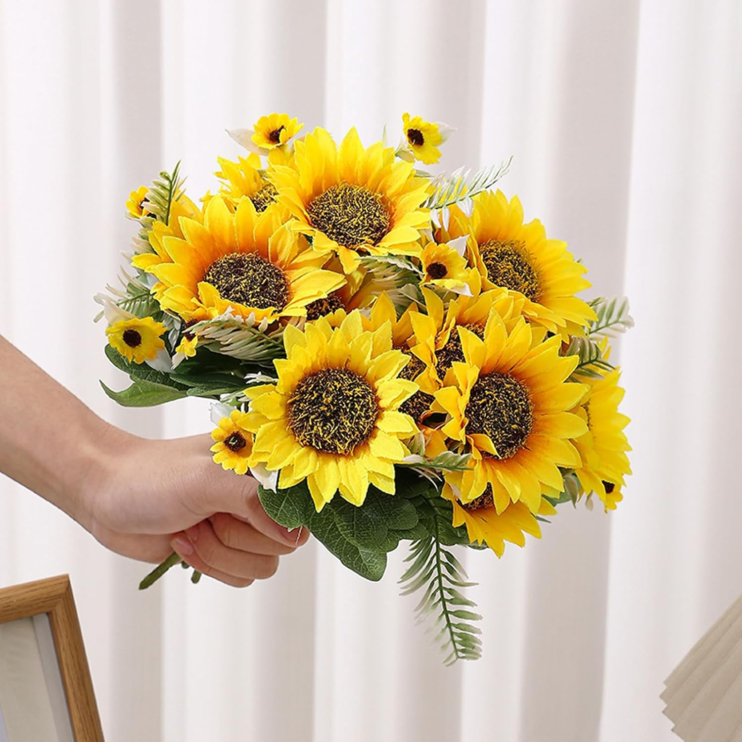 Bacucine 6PCS Artificial Sunflower Bouquets Fake Flowers Silk Sunflowers Faux Yellow Flowers for Home Wedding Table Party Garden Decor image number 3