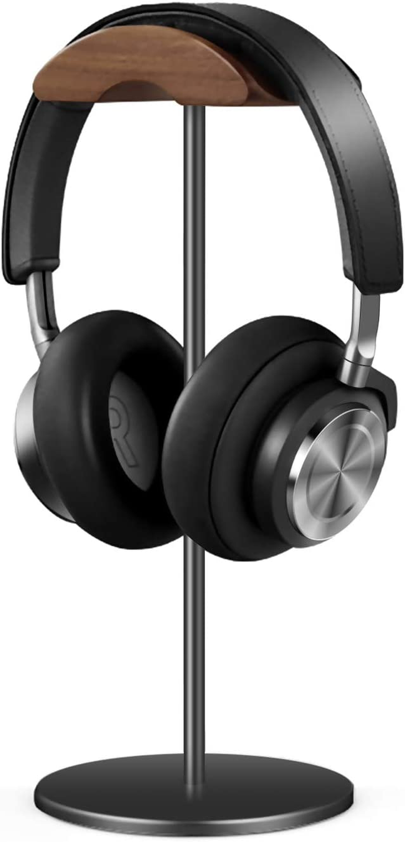 Qincoon Headphone Stand, Walnut Wood & Aluminum Headset Stand, Nature Walnut Gaming Headset Holder with Solid Heavy Base for All Headphone Sizes (Black)
