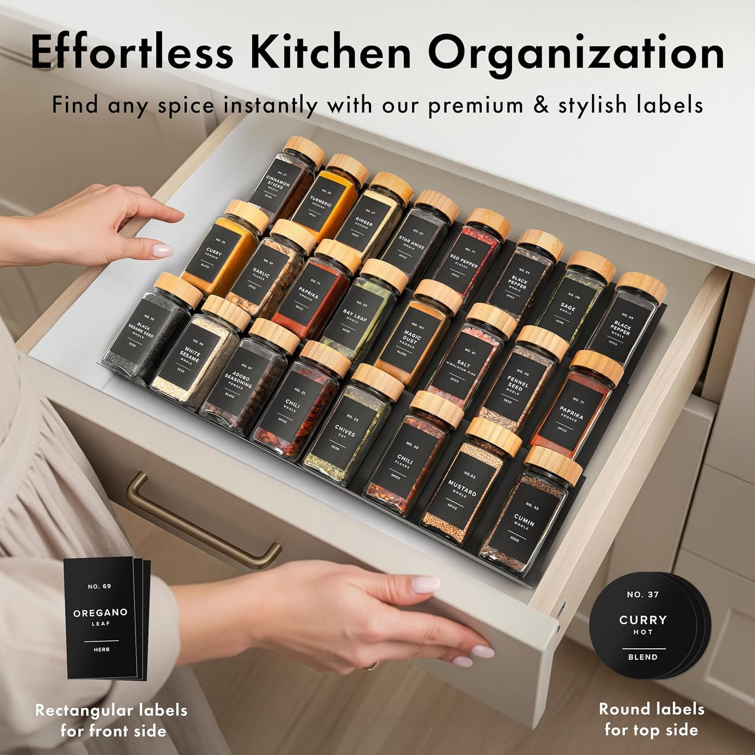 Telfun Square Spice Jars with Bamboo Wooden Lid (Pack of 24) Spice Jars with Shaker Insert and 360 Labels - Bamboo Lid Glass Container for Spice Organisation [4.3 in &times; 1.8 In] image number 1