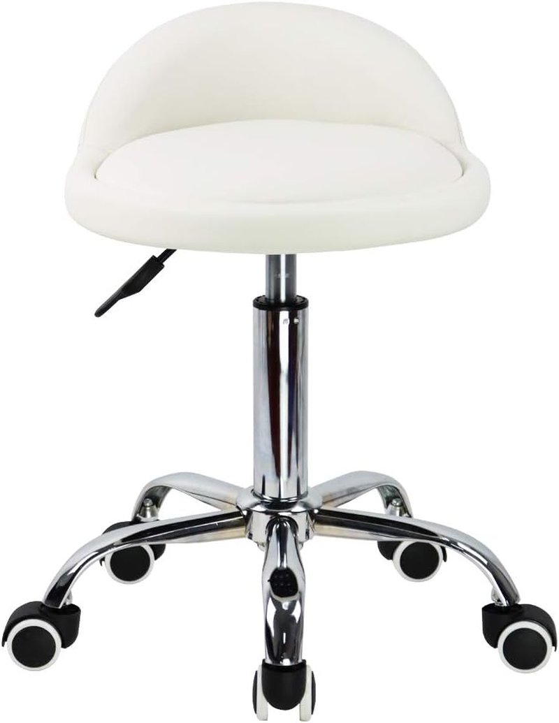 KKTONER PU Leather round Rolling Stool with Back Rest Height Adjustable Swivel Drafting Work SPA Task Chair with Wheels (White) image number 6