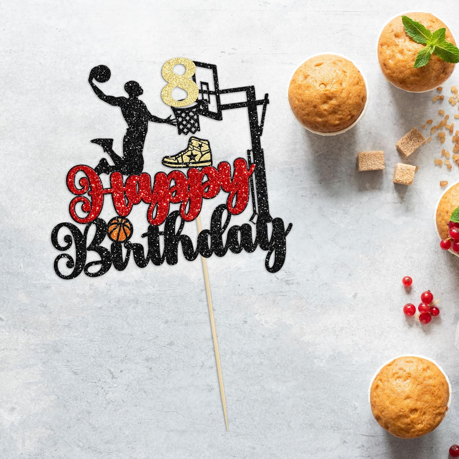 1Pc 8Th Birthday Basketball Cake Topper Glitter Basketball Sports Theme Cake Pick for Baby Shower 8Th Birthday Cake Decorations Party Supplies Black image number 1