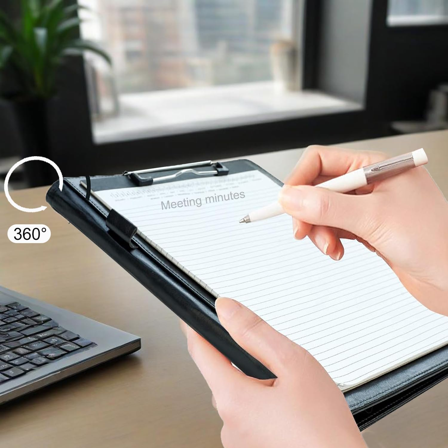 Padfolio Clipboard Folder，A4 Faux Leather Portfolio with Pen Holder & Organizer Pockets for Business, School and Meeting (Black) image number 2