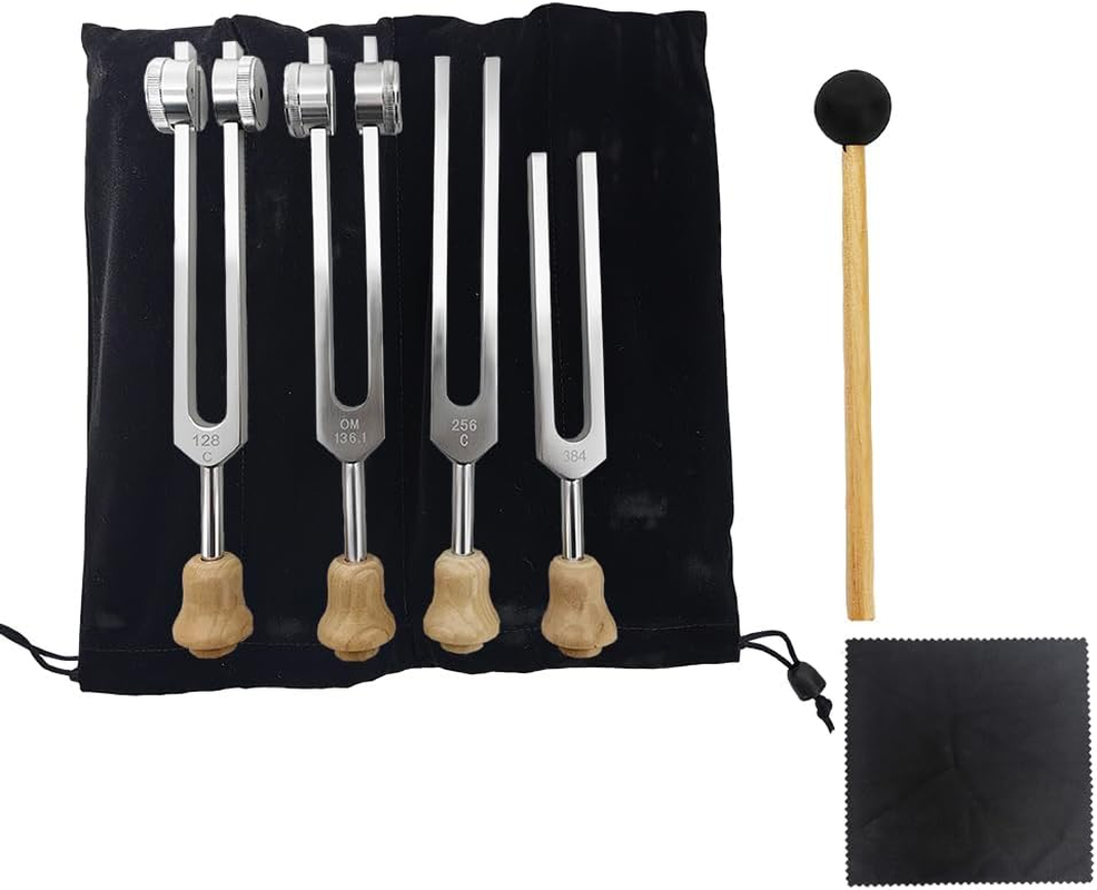 Tuning Forks, 4Pcs Tuning Fork Set Om136.1Hz, C128Hz, C256Hz, 384Hz with Wooden Base and Reflex Hammer Set for Healing, Sound Vibration, Yoga Teacher image number 1