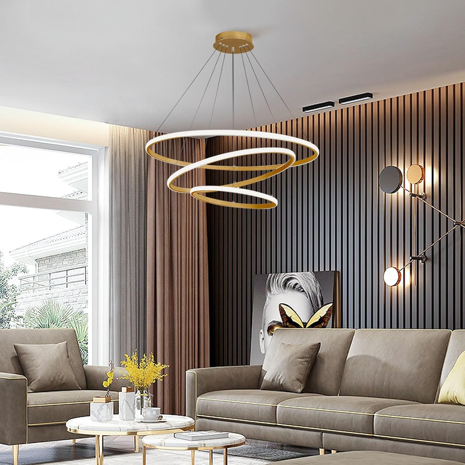 USOR Modern LED Chandelier, Dimmable Pendant Light with Remote Control Rings round Ceiling Lighting Fixture 3 Color Temperatures Contemporary Black Chandeliers for Bedroom Living Dining Room Kitchen