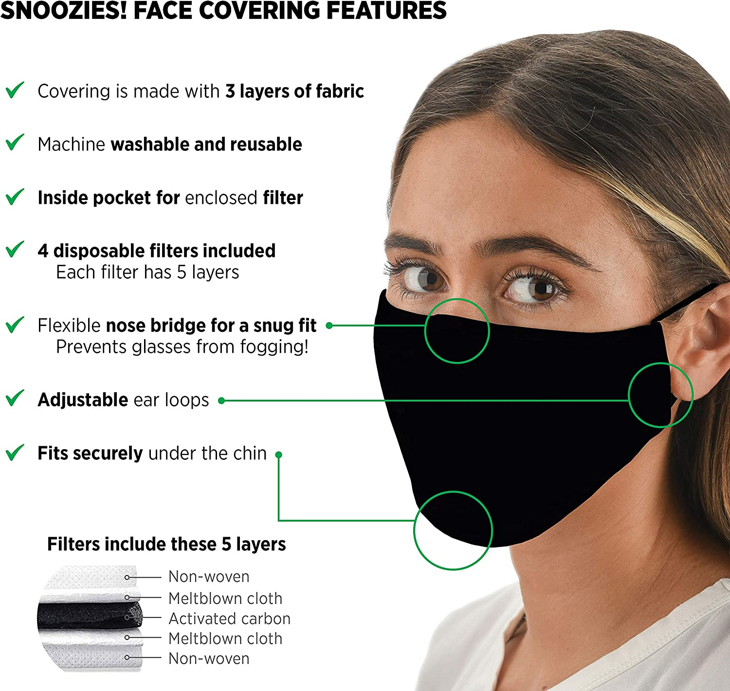 Slumbies! Cloth Face Coverings for Women & Men - Washable Face Coverings - Reusable Face Coverings - Flexible Nose Bridge - Adjustable Ear Bands - 5 Layer Filters Included - Black image number 3