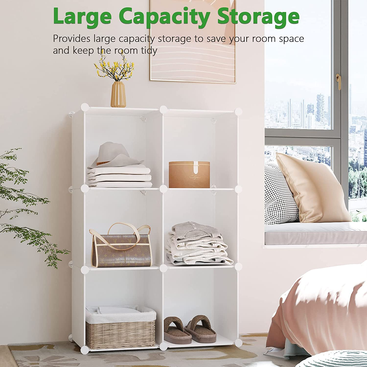 C&AHOME Cube Storage Organizer, 6-Cube Shelves Units, Closet Cabinet, DIY Plastic Modular Book Shelf, Ideal for Bedroom, Living Room, Office, 36.6" L X 12.4" W X 36.6" H Milky UPCS06M image number 5