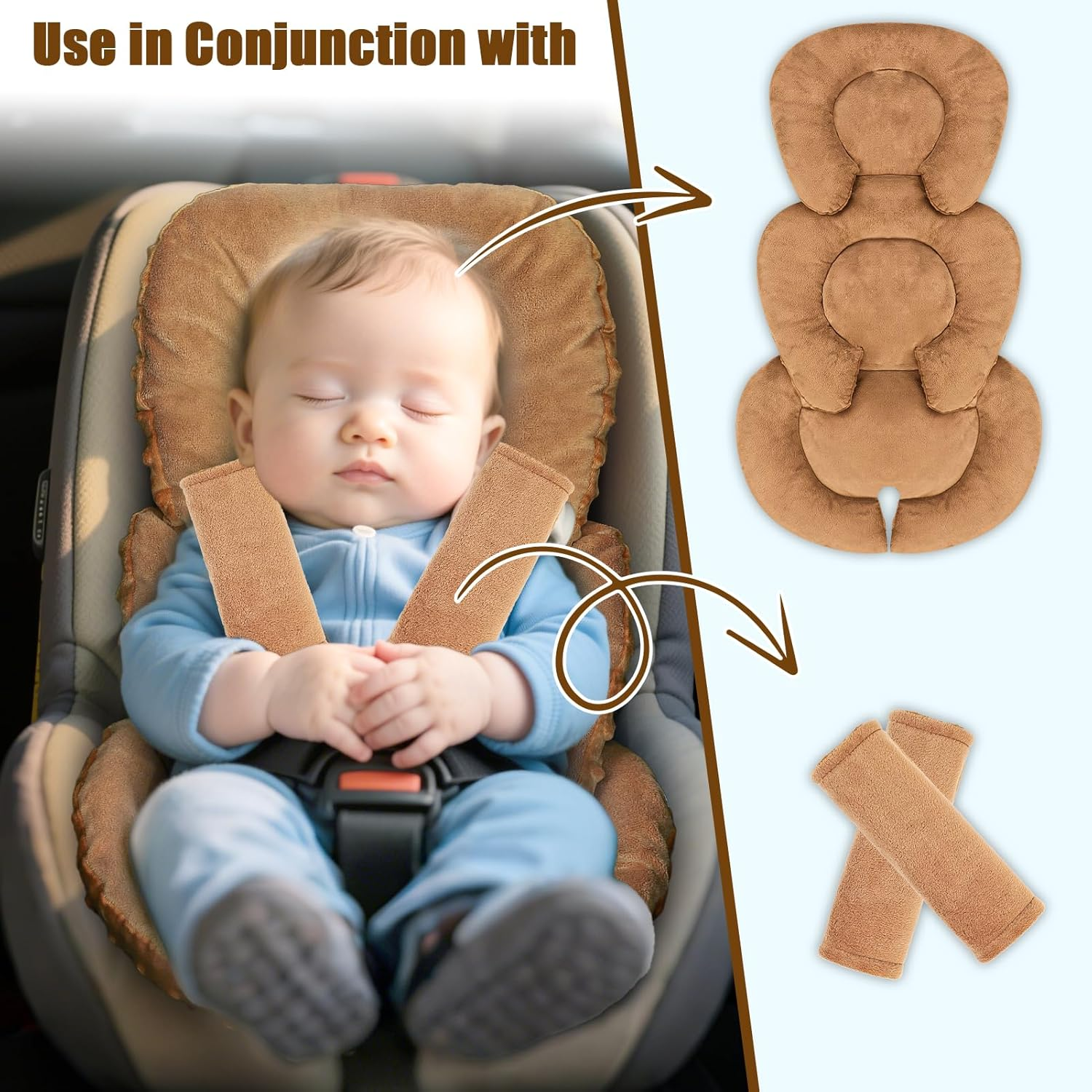 GFU Infant Car Seat Insert Head and Body Support, Reversible Newborn Insert for Carseat with Strap Pads, Soft Stroller Cushion Pillow Insert for Boys and Girls, Fits for Stroller, Swing, Brown image number 2