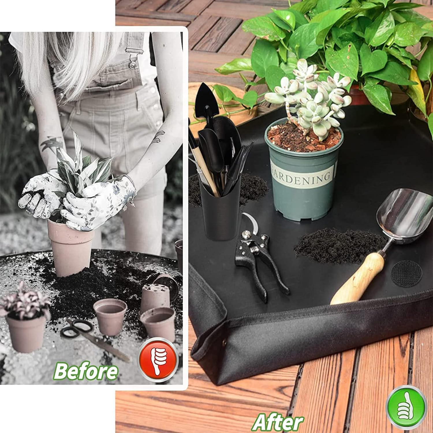 Plant Repotting Mat, Tidy Square Portable Indoor Gardening Mat, Foldable Plant Transplanting Waterproof Potting Tarp Mat with 20 Pieces Pot Hole Mesh Pads Gardening Tool Set (100X100Cm；68 * 68Cm) image number 4