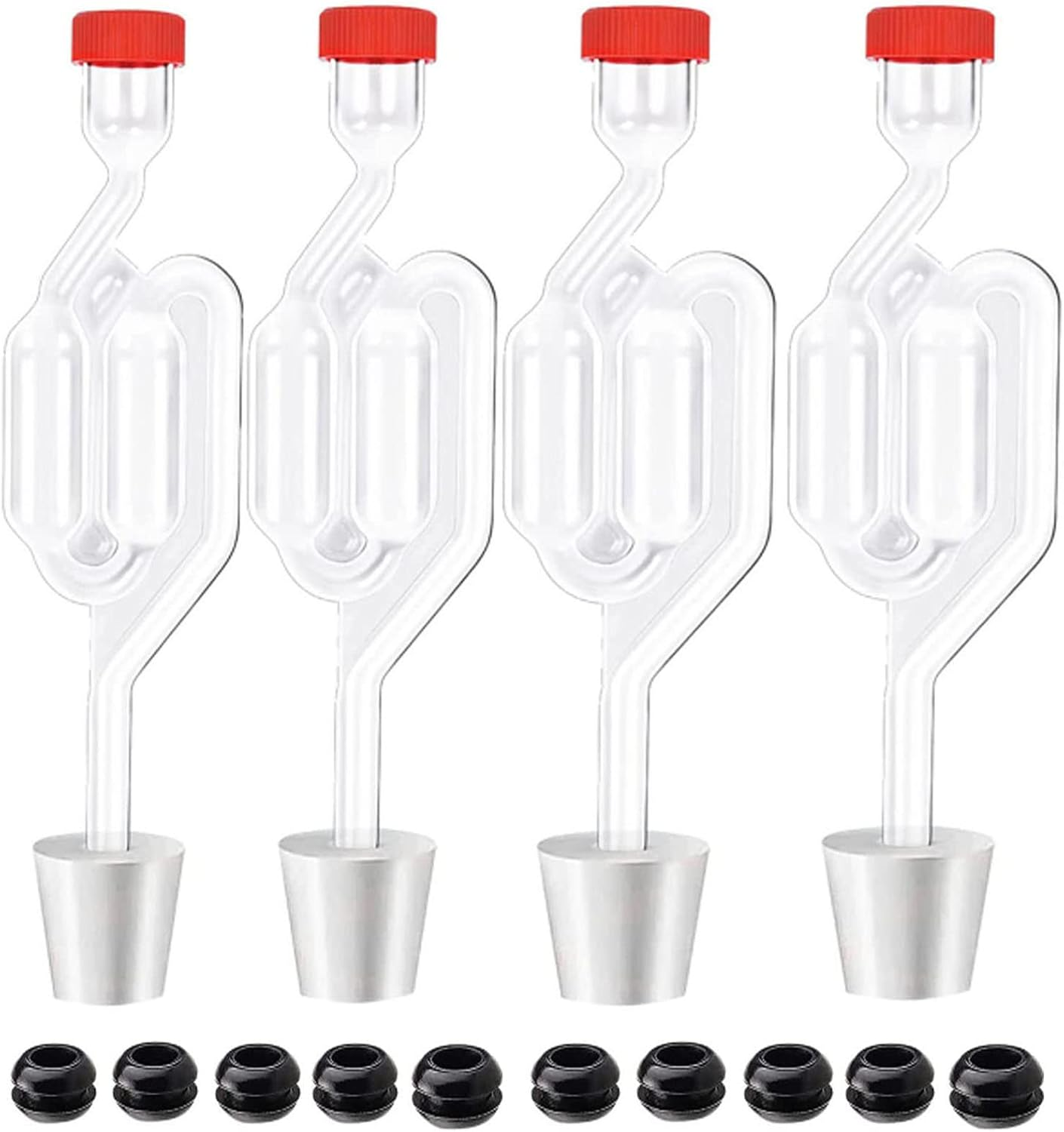 4PACK Twin Bubble Airlock Set, Fermentation Airlock,Brewing Airlocks Brew Kits Airlocks for Fermenting with 4 Stoppers + 10 Grommets