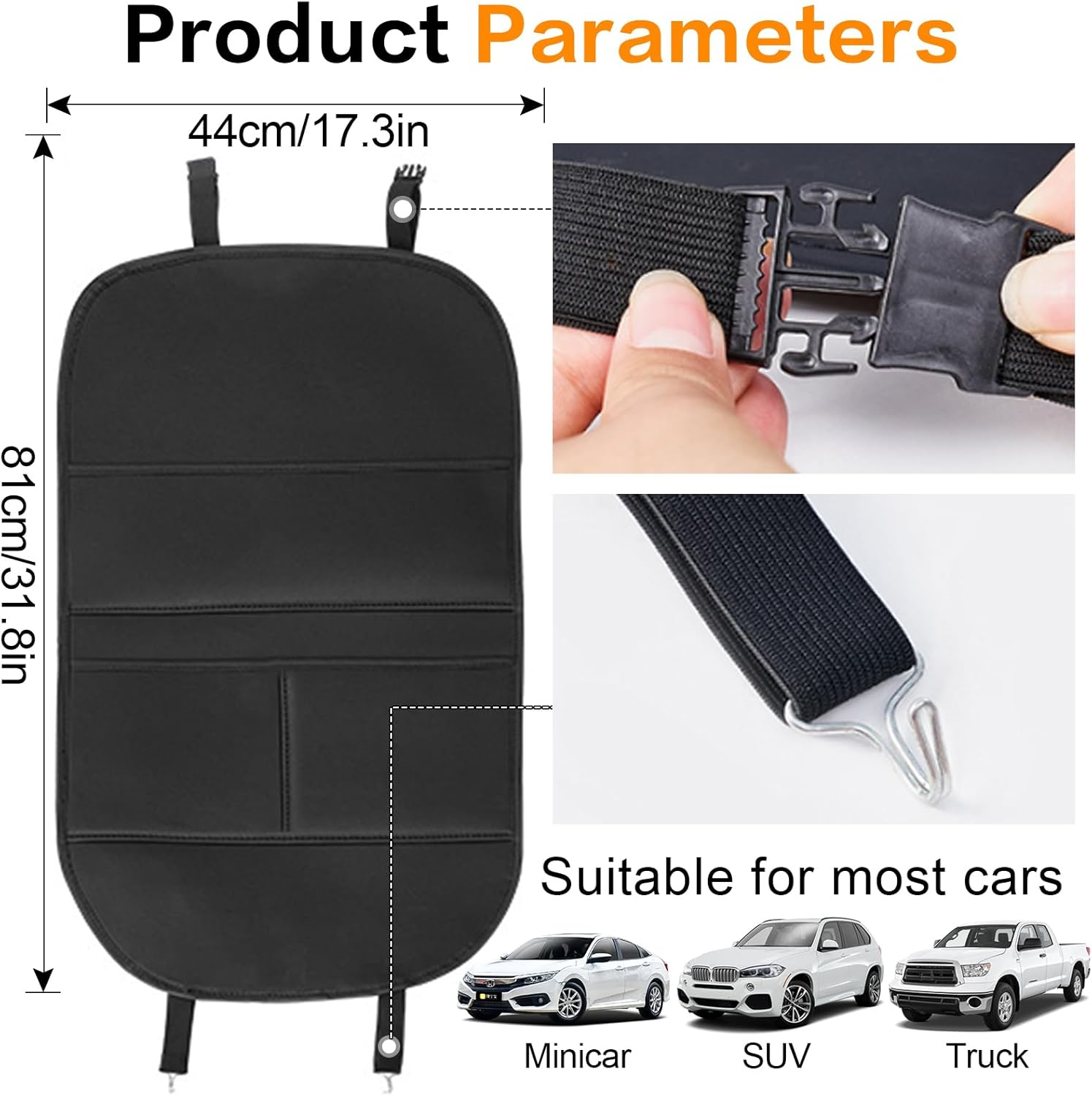 Car Seat Protector Kick Mat【1 Pack】Universal Leather Waterproof Auto Seat Back Covers with 3 Storage Pocket, Backseat Car Organizer Travel Accessories, against Dust Mud Scratches (Black) image number 3