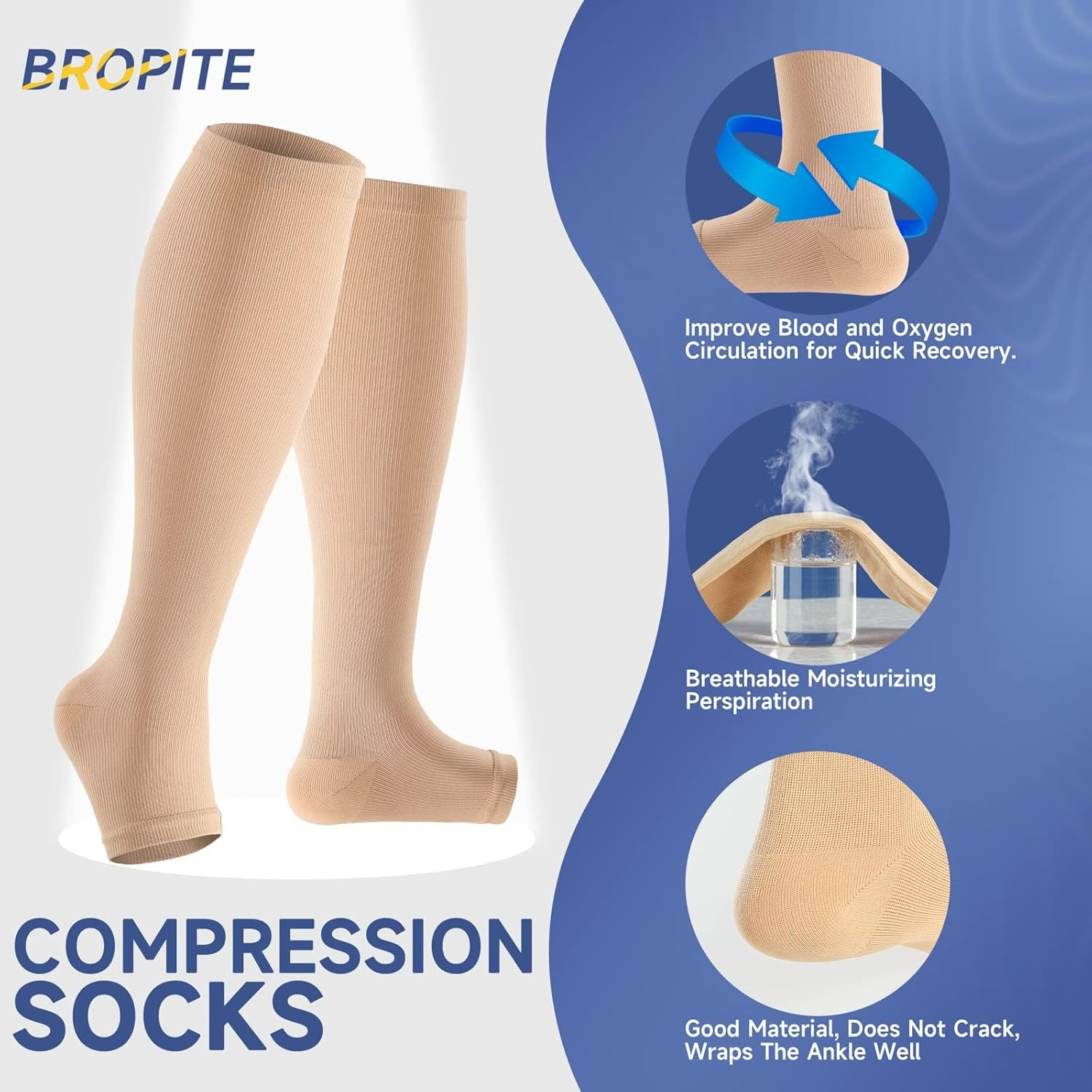 Bropite Open Toe Compression Socks for Men & Women - 2 Pairs of 15-20 Mmhg Toeless Circulation Medical Compression Socks image number 2