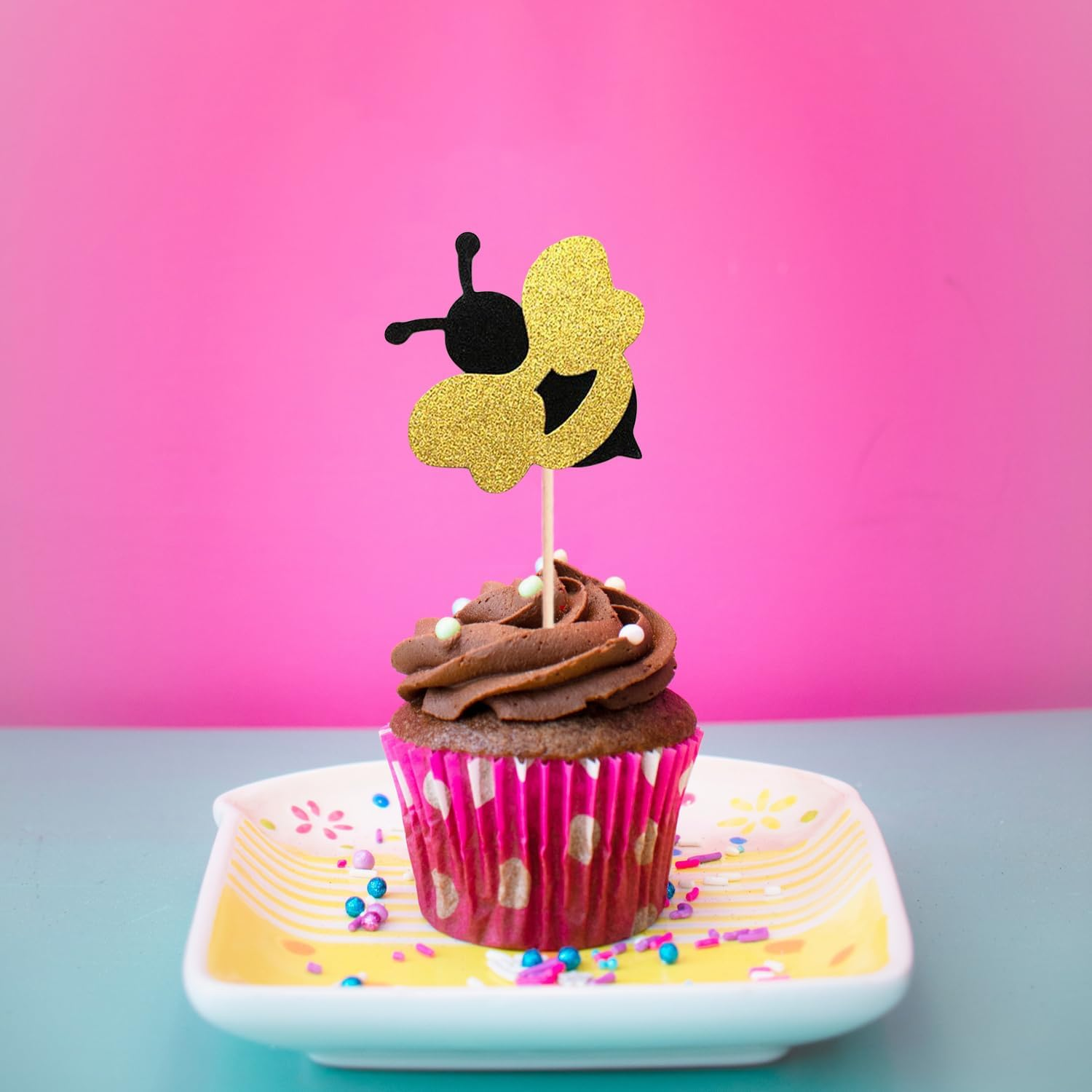 21 Pcs Cupcake Toppers - Happy Bee Day & Birthday Cake Toppers - Bumble Bee & Glitter Bee Cupcake Picks for Baby Shower & Party image number 1