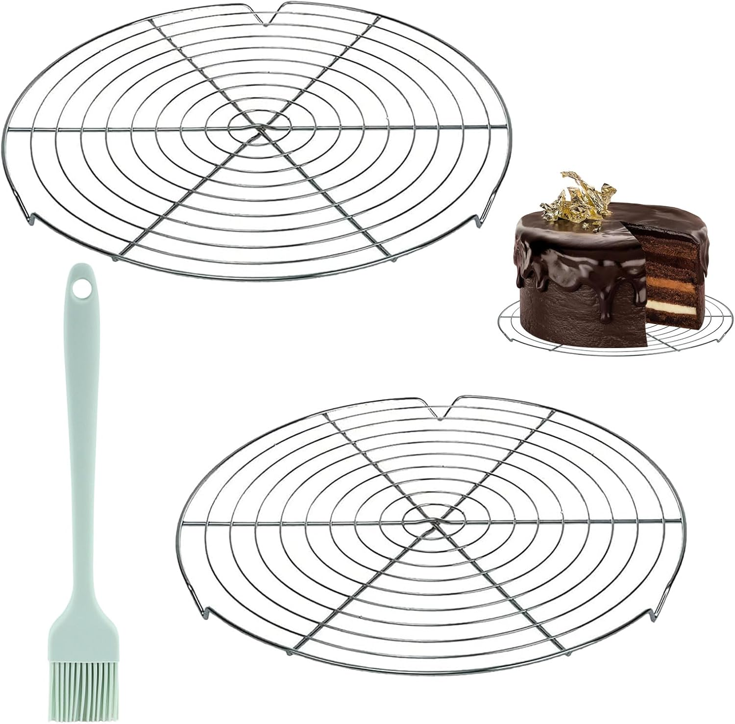 GANILITY round Cooling Rack, Pack of 3 Cooling Rack with 1 Piece Silicone Brush, 32 Cm round Cake Rack, Stainless Steel Cake Rack, Cooling Rack, Kitchen Accessories, for Cooling, Baking