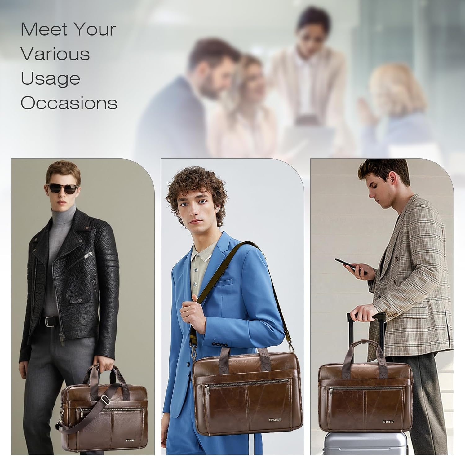 SPAHER Mens Leather Laptop Bag Briefcases for Men 15.6 Inch Leather Briefcase Business Work Laptop Handbag Shoulder Bag Office Bag for Men Laptop Messenger Bag image number 1