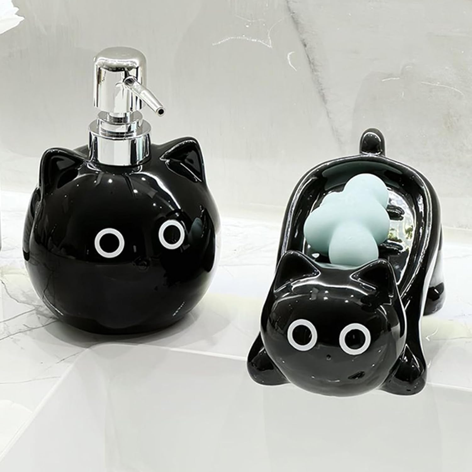 Furtryvl Hand Soap Refill Bottles,480Ml Lightweight Pump | Black Cat Ceramic Empty Soap Lotion Pump Bottle Dispenser | for Shampoo Body Toner Face Creams Body Lotion Travel Home Office Daily image number 5