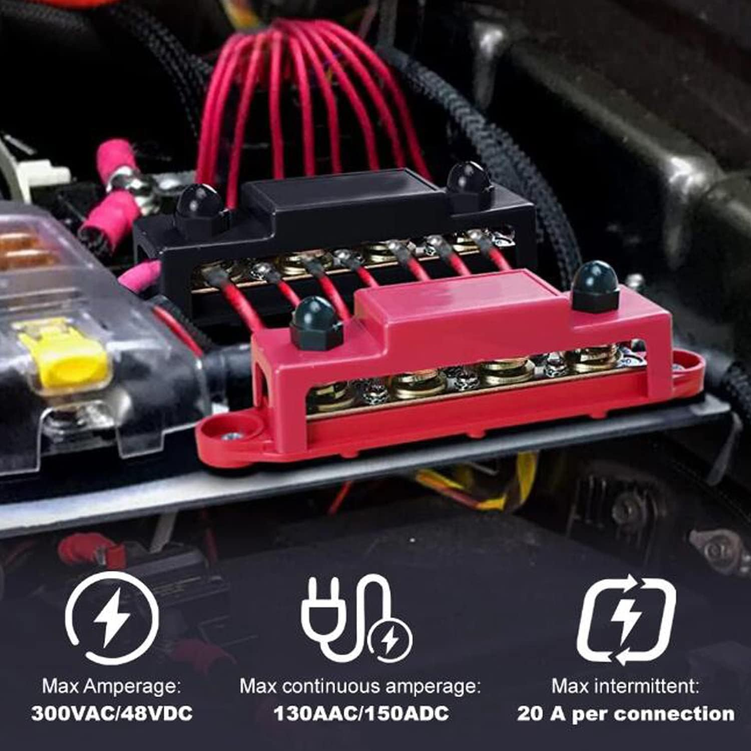 AULESSE 12V-48V DC Bus Bar Power Distribution Block 5/16" (M8) 4 Studs Heavy Duty Busbar Stud Terminal Junction Block with Cover and Ring Terminals 250 Amp for Cars Rvs Ships Yachts (Red+Black) image number 1