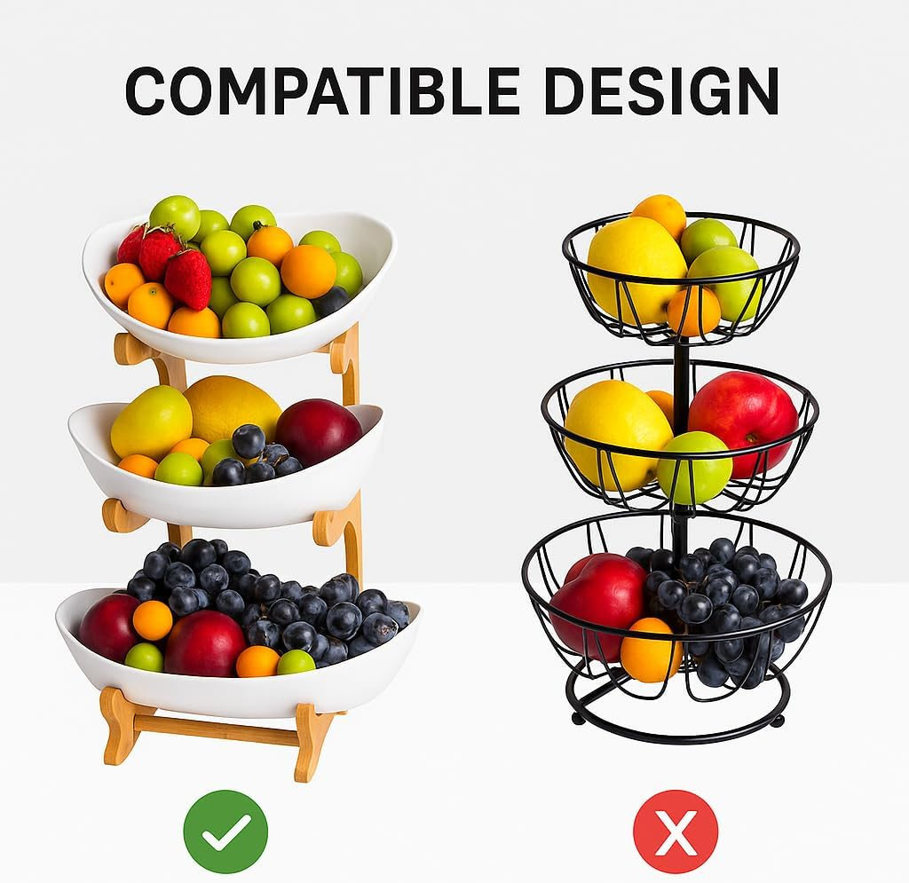 COZYVISTA - 3 Tier Fruit Bowl Stand &ndash; Bamboo Frame with White Ceramic Bowls for Countertop Storage & Display &ndash; Tiered Fruit Holder for Kitchen, Dining, or Pantry &ndash; Space-Saving & Modern Design image number 3