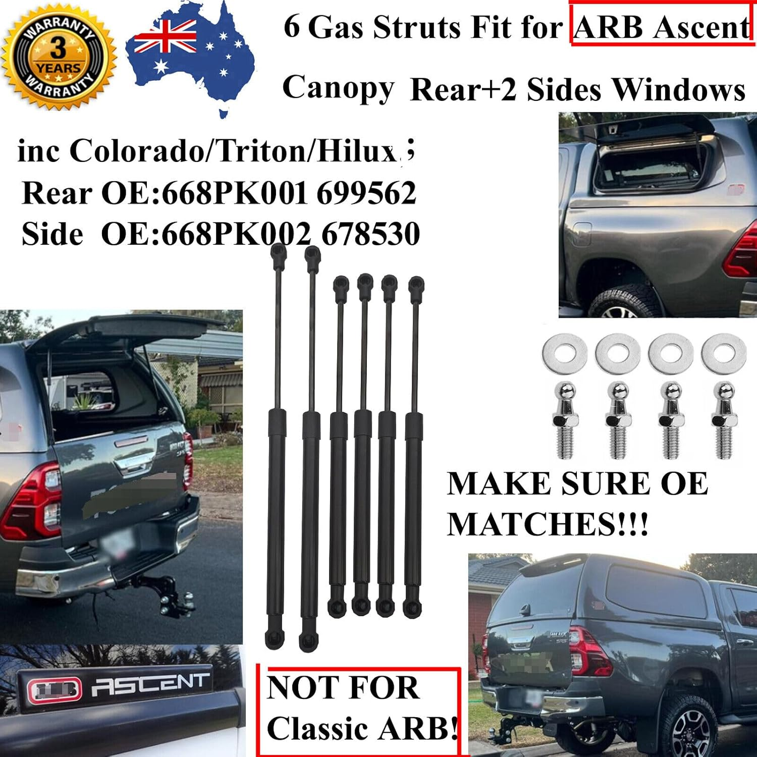 AONNOUS 6 Gas Struts for ARB Ascent Canopy Window-4 Side 678530 or 668PK002 & 2 Rear 699562 or 668PK001 Set-Only Work When All OE Match image number 1